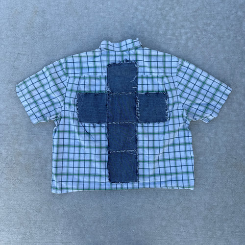002 "Your Cross" Cropped Flannel Short Sleeve White Green Plaid - L