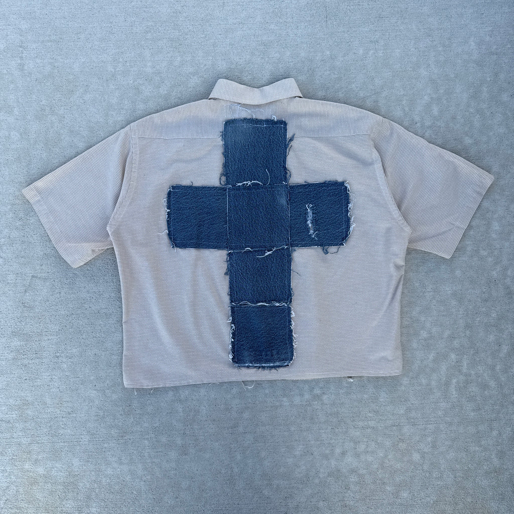 003 "Your Cross" Cropped Flannel Short Sleeve Cream - L