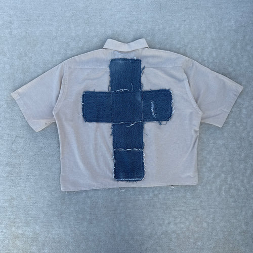 003 "Your Cross" Cropped Flannel Short Sleeve Cream - L