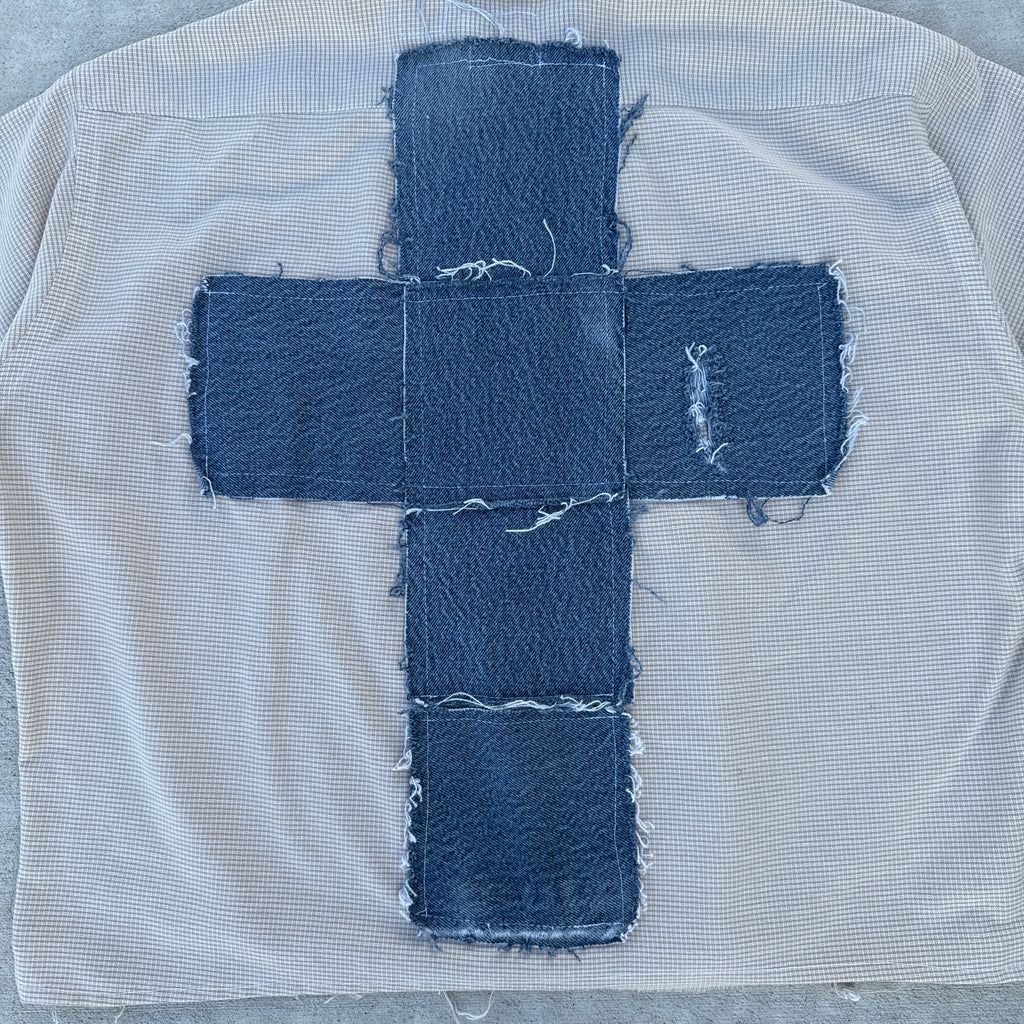 003 "Your Cross" Cropped Flannel Short Sleeve Cream - L