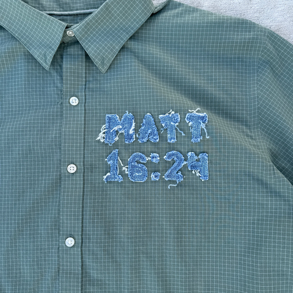 001 "Your Cross" Cropped Flannel Short Sleeve Grid Green - XL