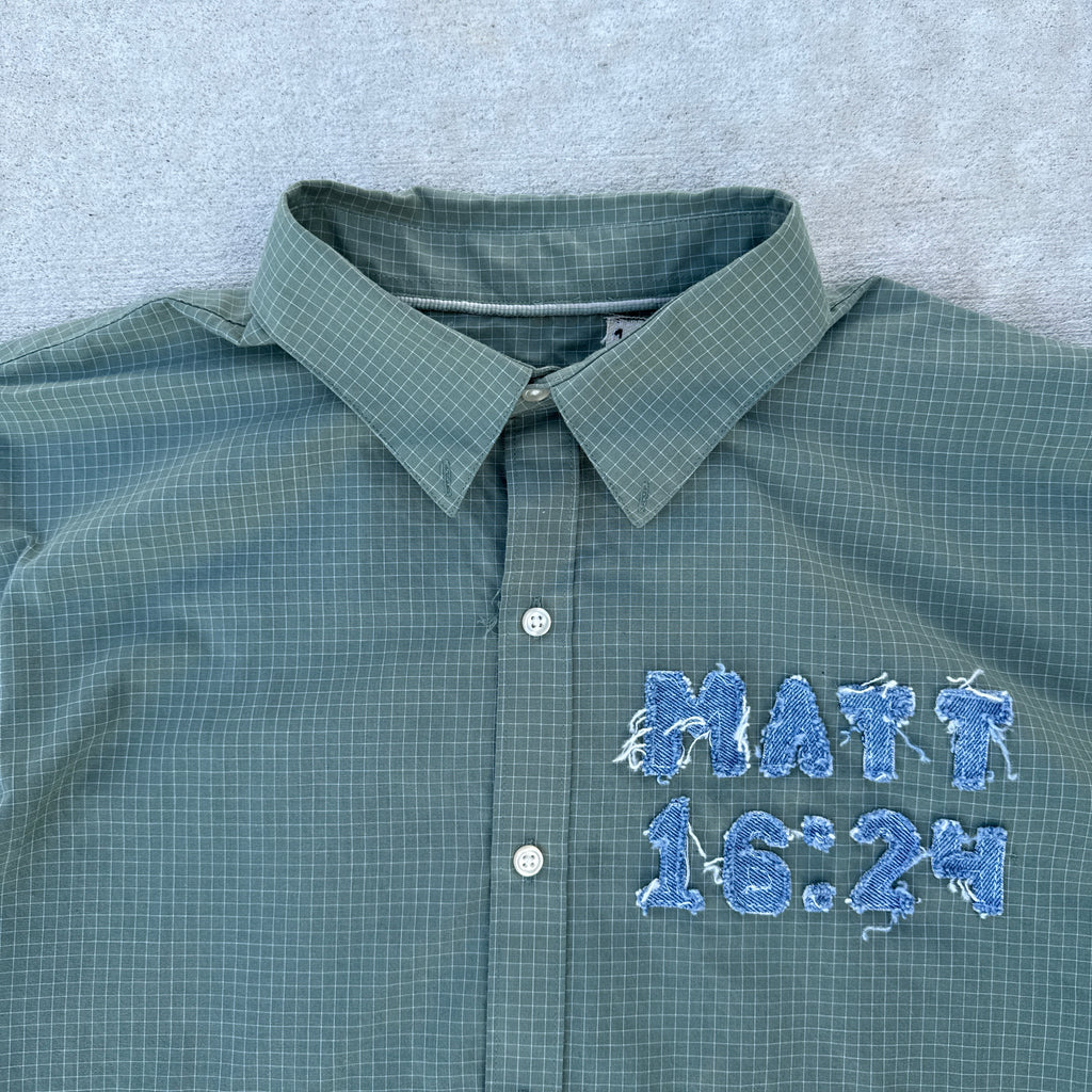 001 "Your Cross" Cropped Flannel Short Sleeve Grid Green - XL