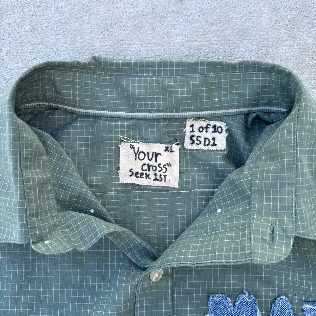 001 "Your Cross" Cropped Flannel Short Sleeve Grid Green - XL