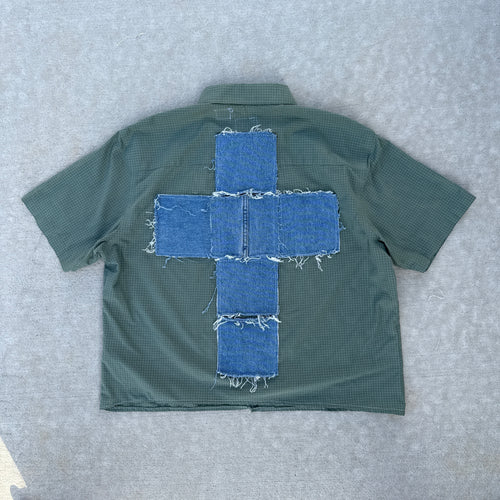 001 "Your Cross" Cropped Flannel Short Sleeve Grid Green - XL
