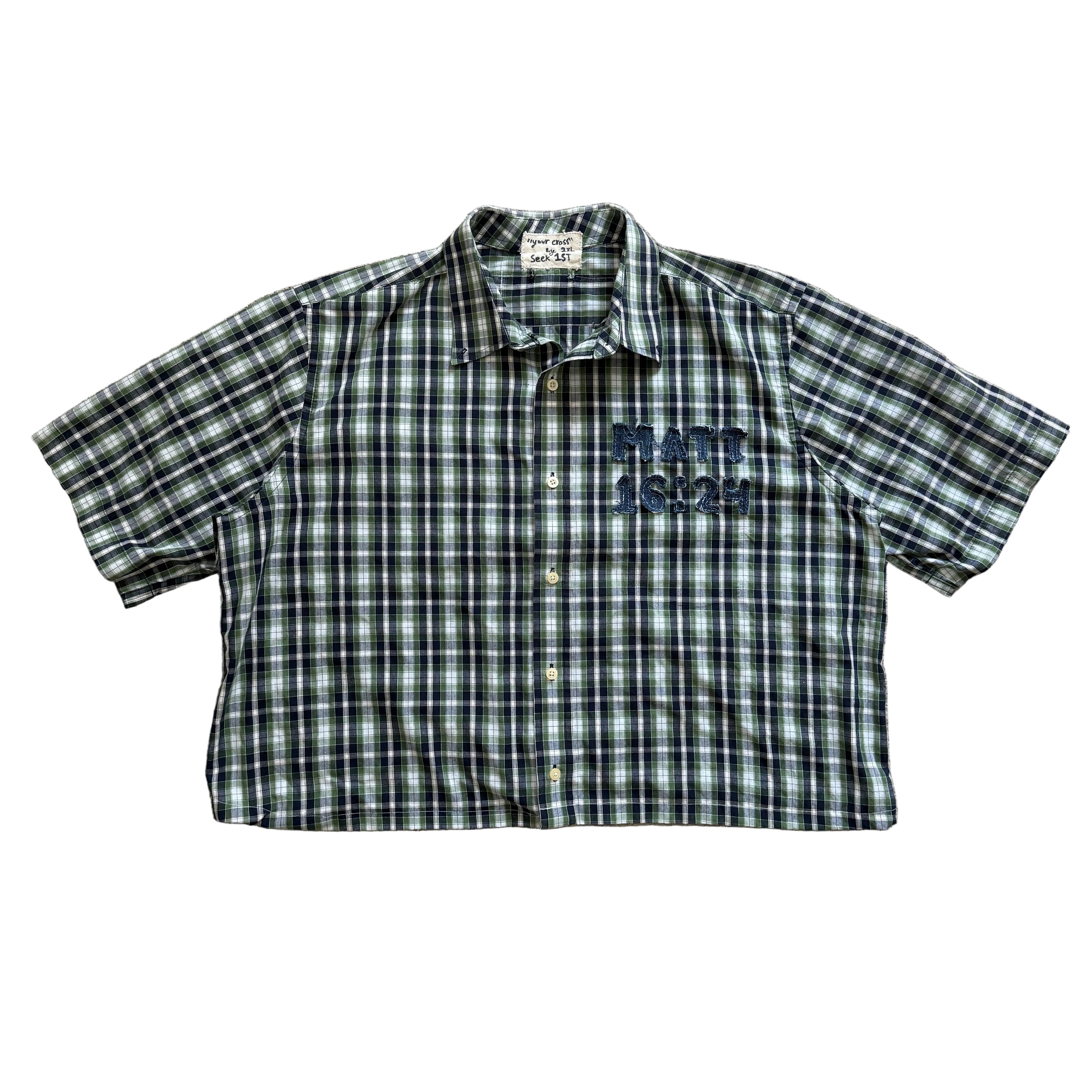 "Your Cross" Cropped Short Sleeve Lightweight Flannel Plaid Green - XL (30in30 Day 1)