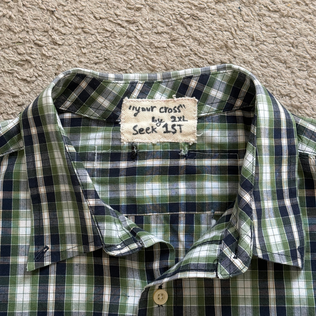"Your Cross" Cropped Short Sleeve Lightweight Flannel Plaid Green - XL (30in30 Day 1)