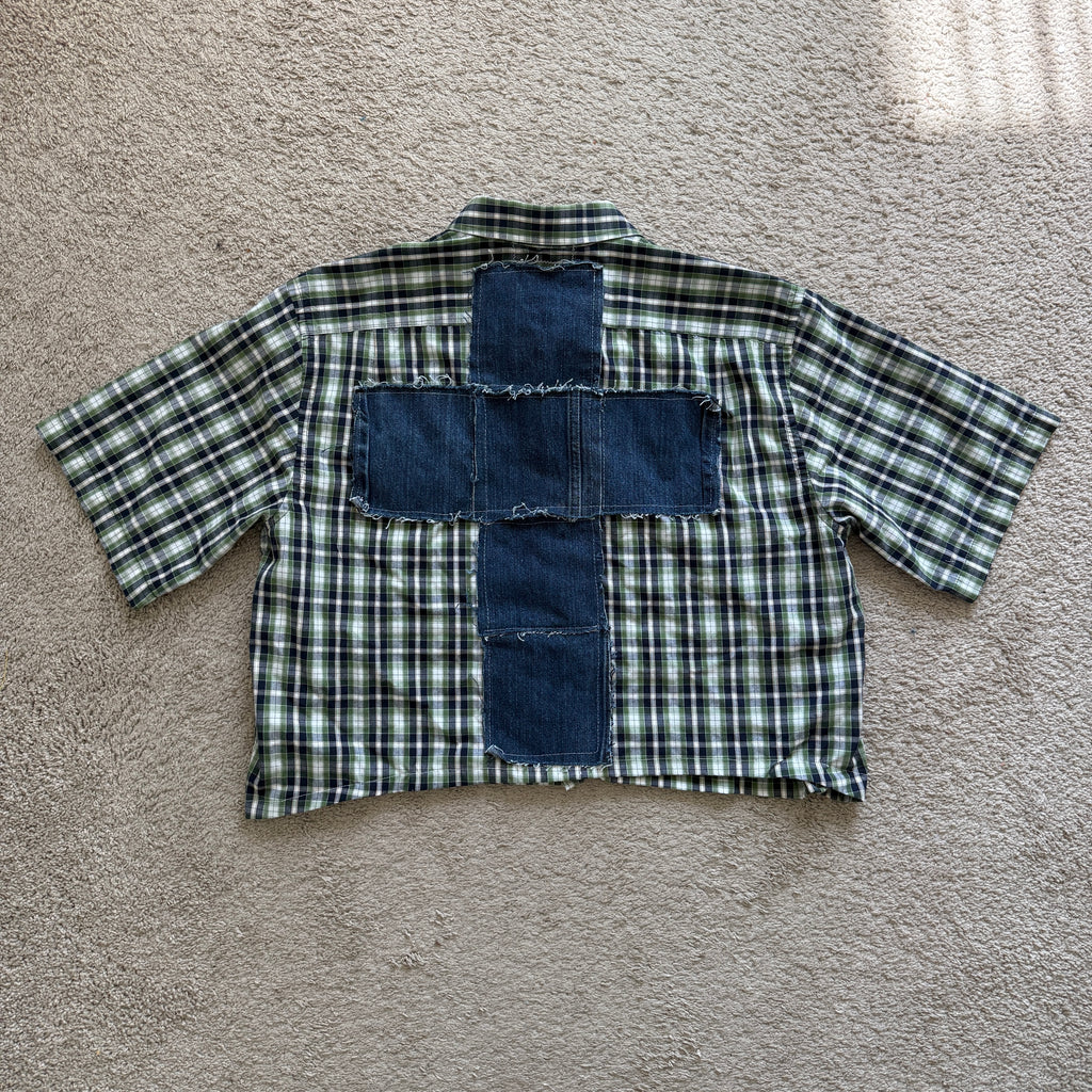 "Your Cross" Cropped Short Sleeve Lightweight Flannel Plaid Green - XL (30in30 Day 1)