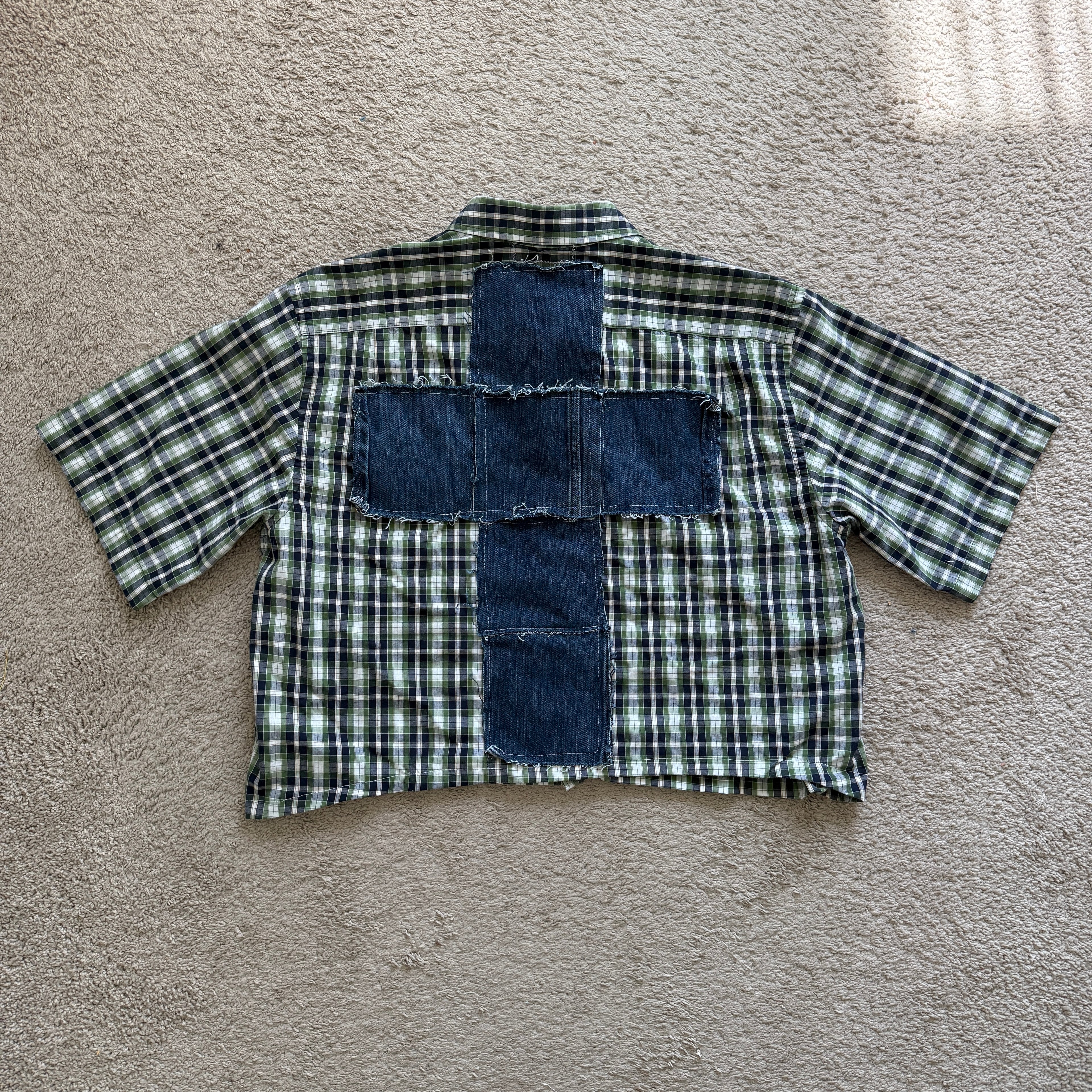 "Your Cross" Cropped Short Sleeve Lightweight Flannel Plaid Green - XL (30in30 Day 1)