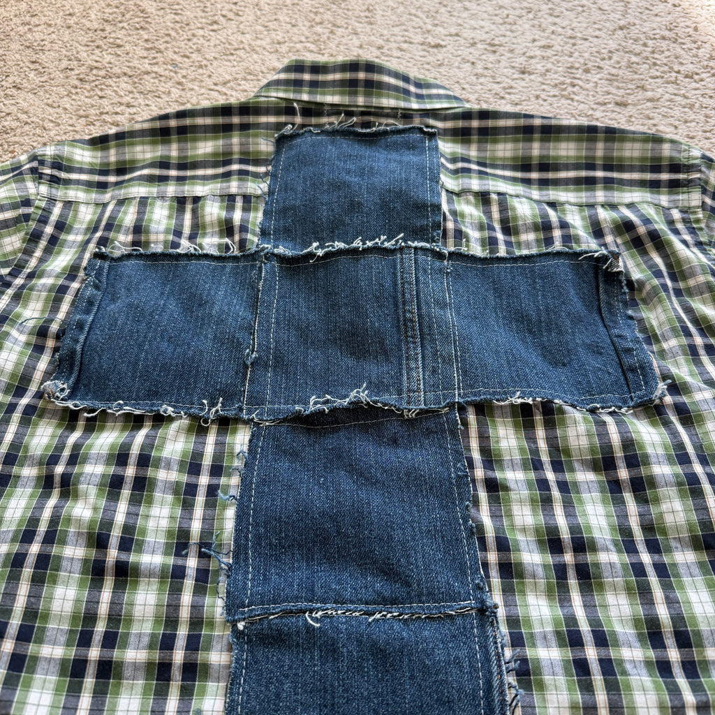 "Your Cross" Cropped Short Sleeve Lightweight Flannel Plaid Green - XL (30in30 Day 1)