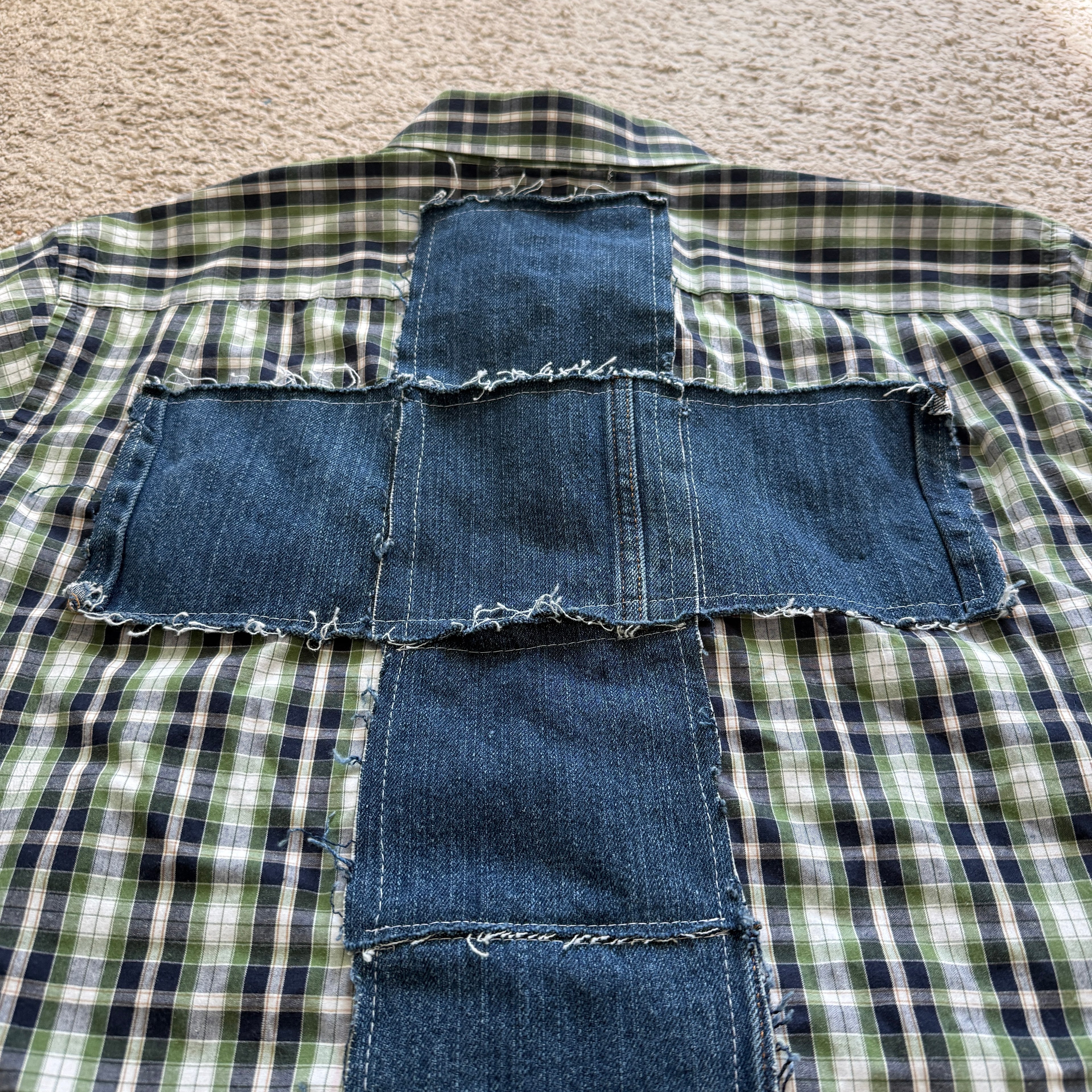 "Your Cross" Cropped Short Sleeve Lightweight Flannel Plaid Green - XL (30in30 Day 1)