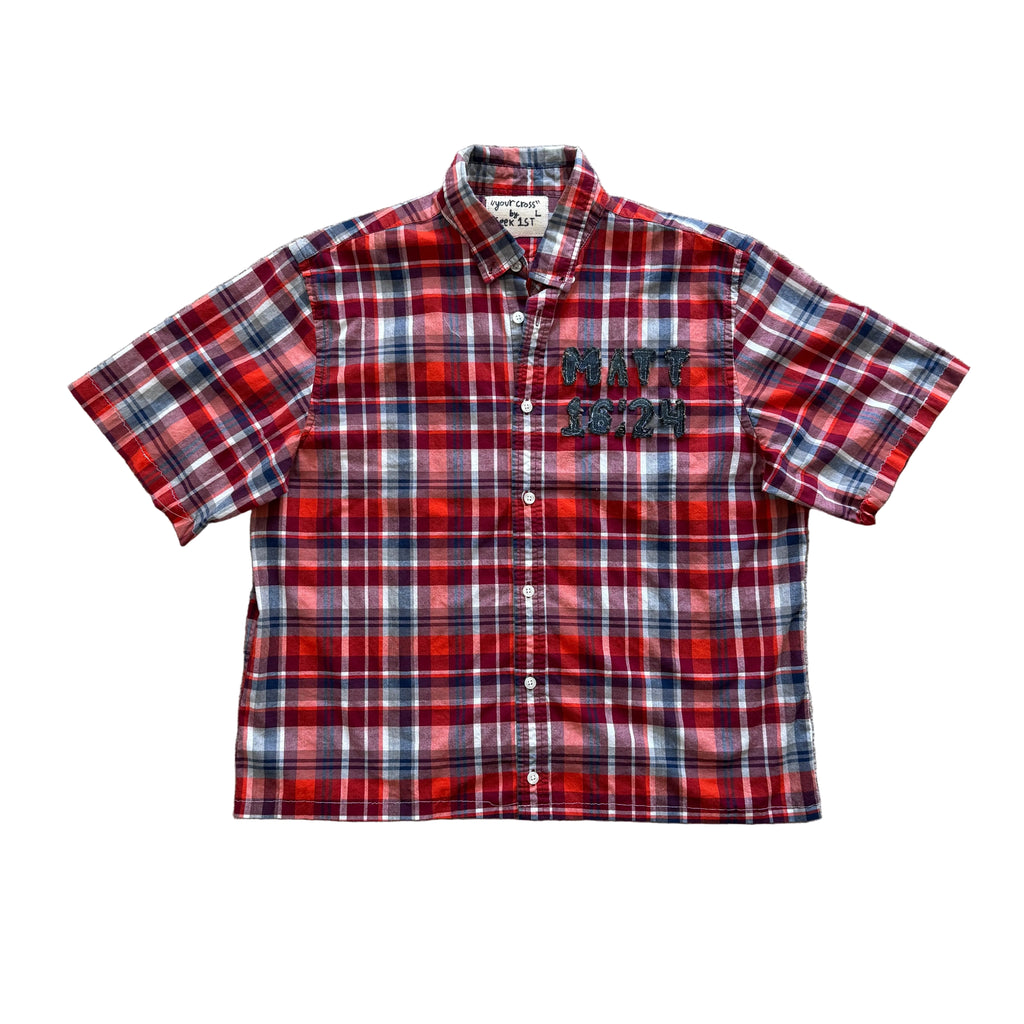 "Your Cross" Boxy Cropped Lightweight Flannel Short Sleeve Plaid Red - L