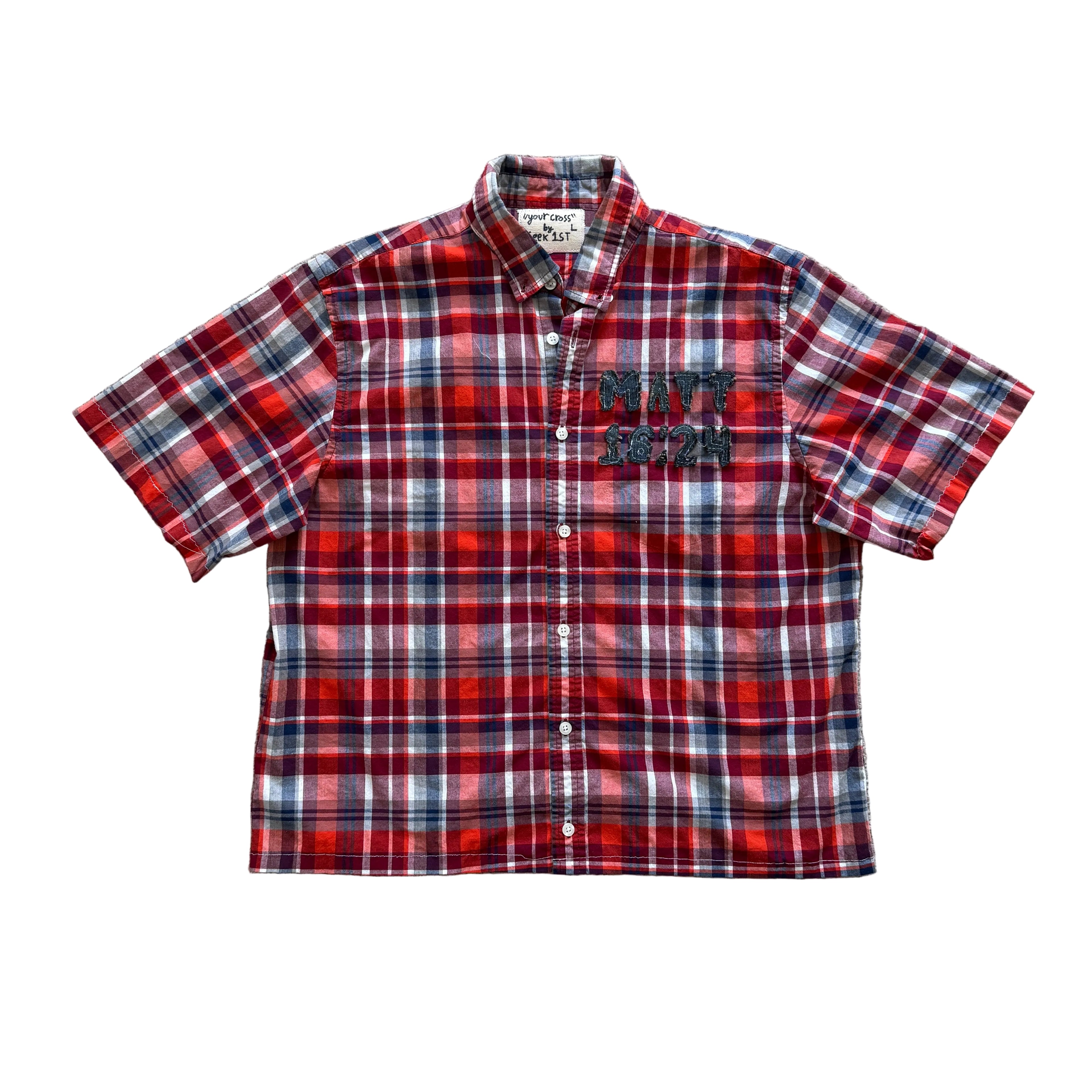 "Your Cross" Boxy Cropped Lightweight Flannel Short Sleeve Plaid Red - L