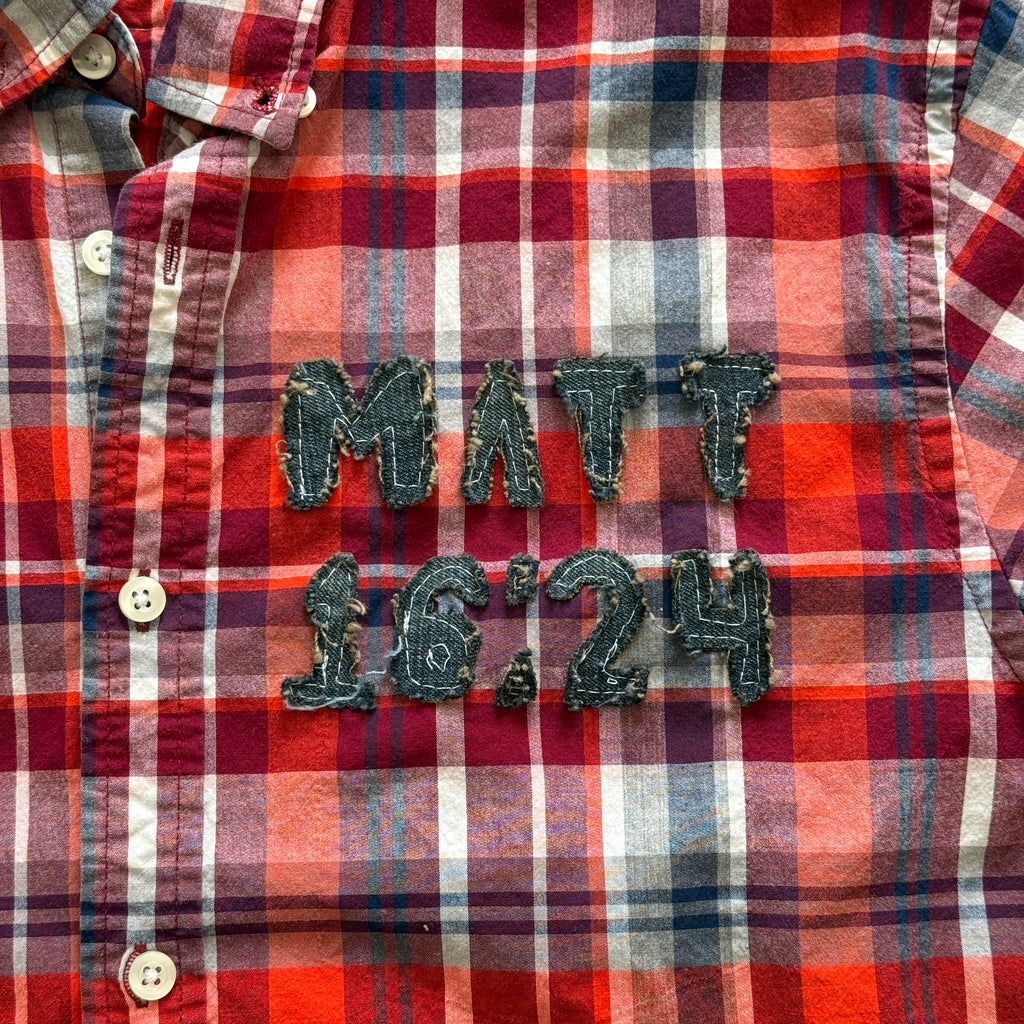 "Your Cross" Boxy Cropped Lightweight Flannel Short Sleeve Plaid Red - L