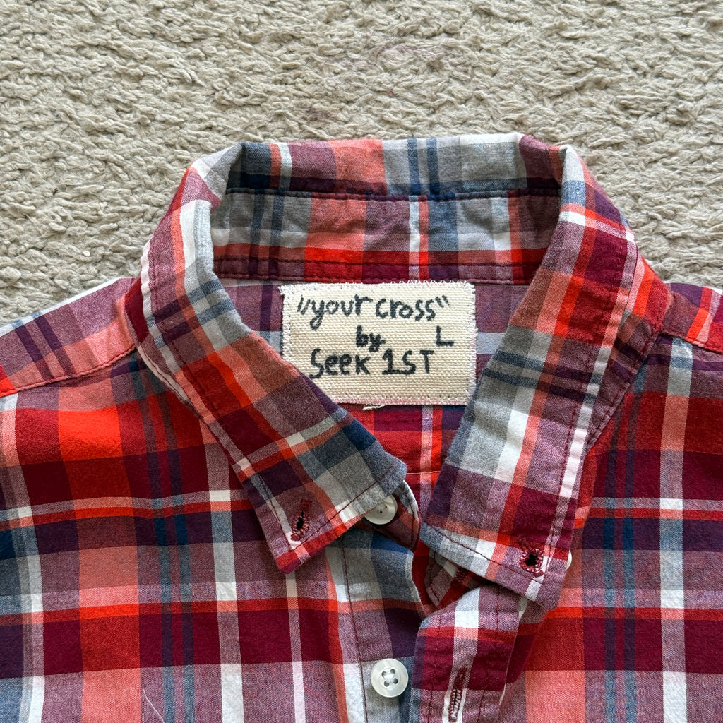 "Your Cross" Boxy Cropped Lightweight Flannel Short Sleeve Plaid Red - L