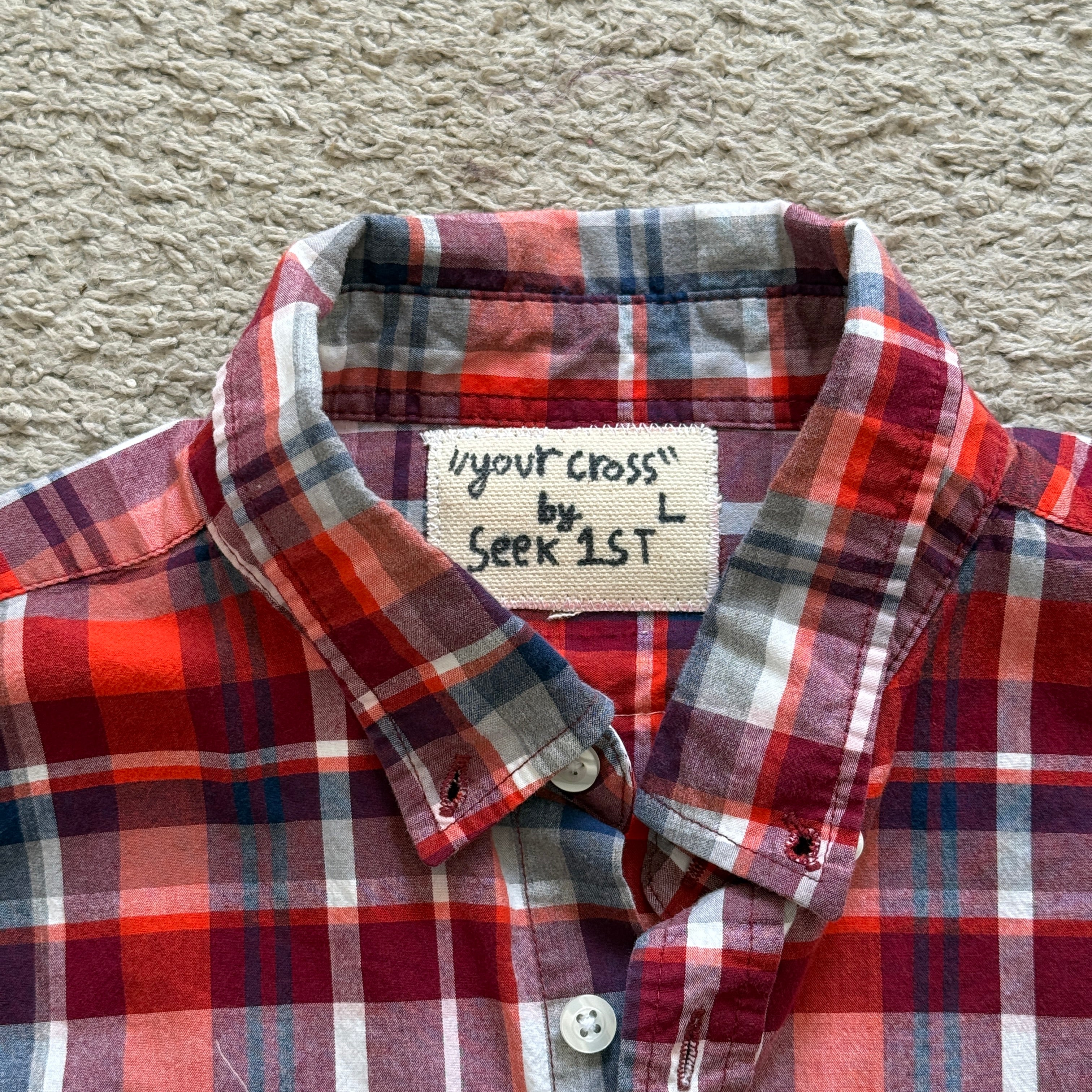 "Your Cross" Boxy Cropped Lightweight Flannel Short Sleeve Plaid Red - L