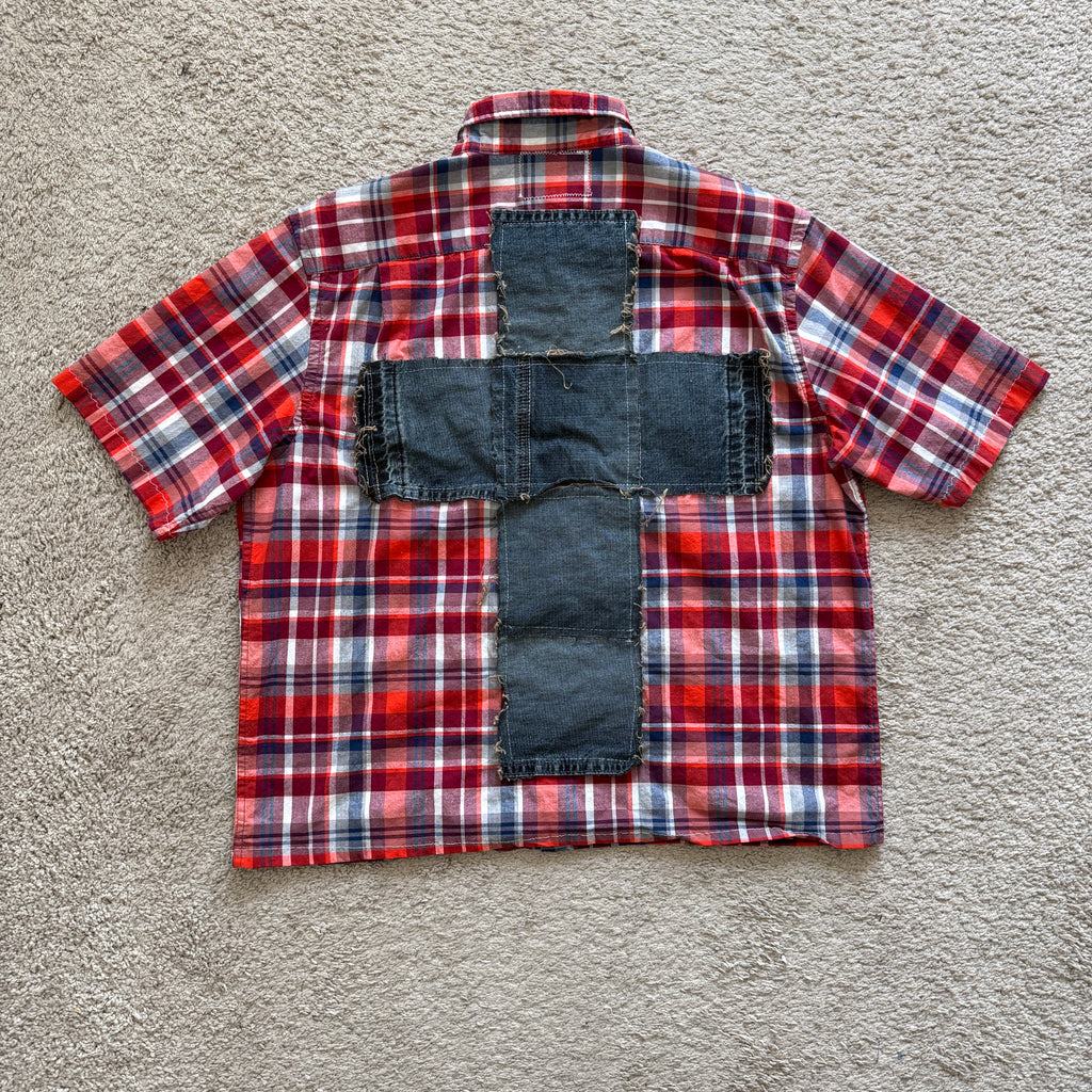 "Your Cross" Boxy Cropped Lightweight Flannel Short Sleeve Plaid Red - L