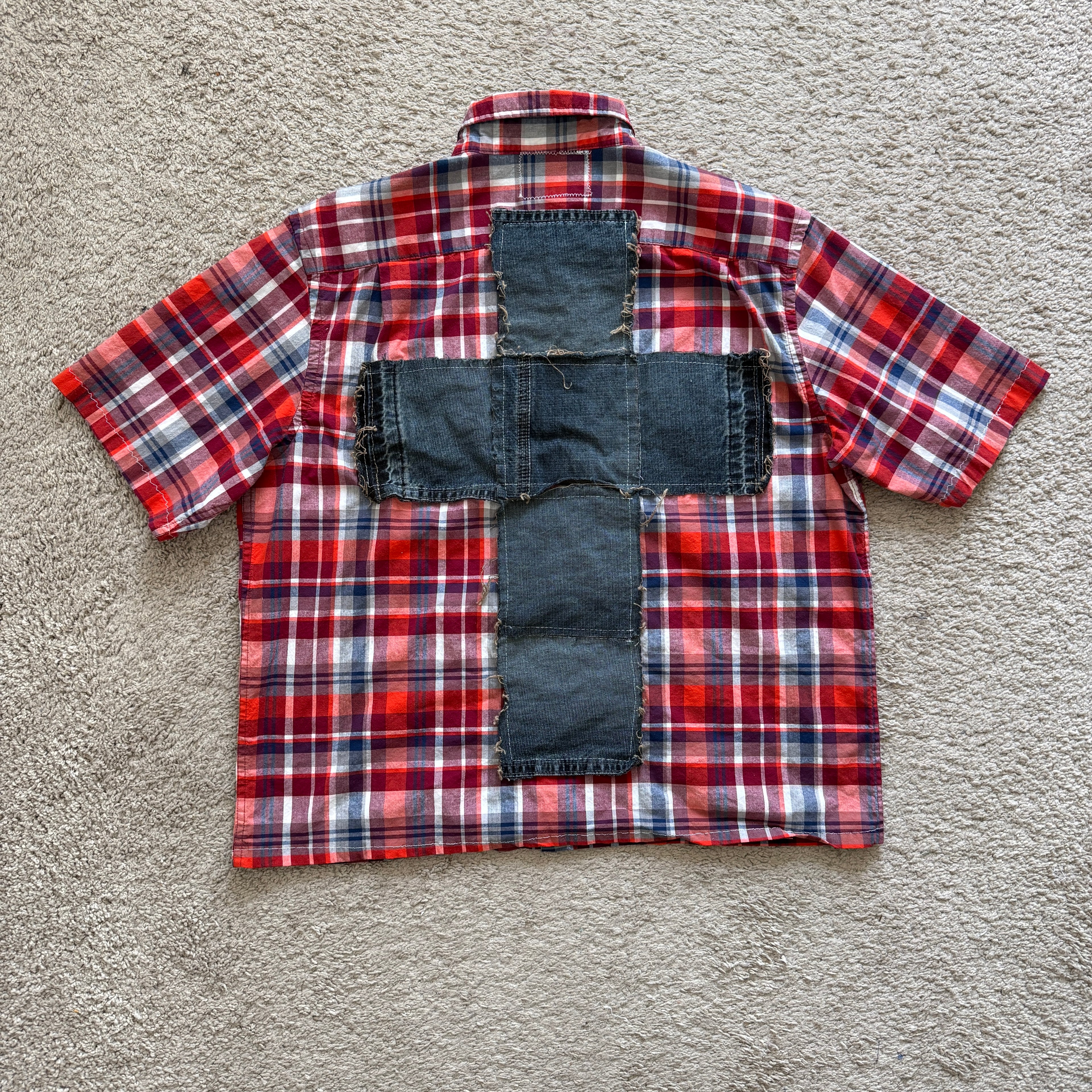 "Your Cross" Boxy Cropped Lightweight Flannel Short Sleeve Plaid Red - L