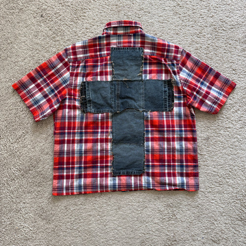 "Your Cross" Boxy Cropped Lightweight Flannel Short Sleeve Plaid Red - L