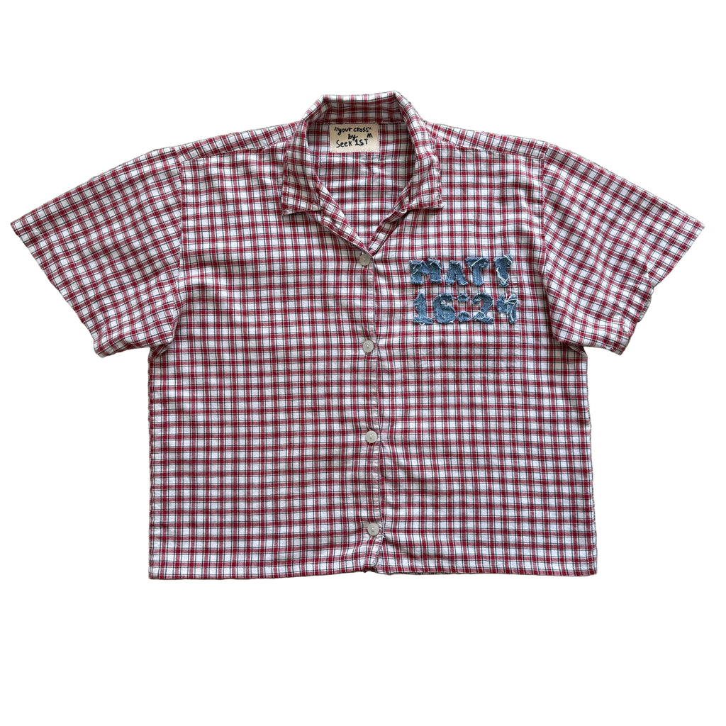 "Your Cross" Boxy Cropped Short Sleeve Lightweight Flannel Red Gingham - M