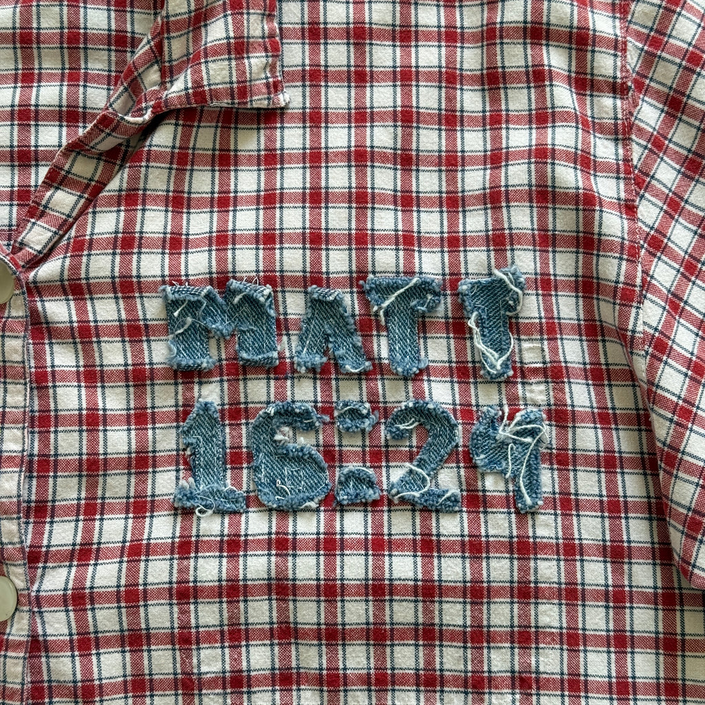 "Your Cross" Boxy Cropped Short Sleeve Lightweight Flannel Red Gingham - M