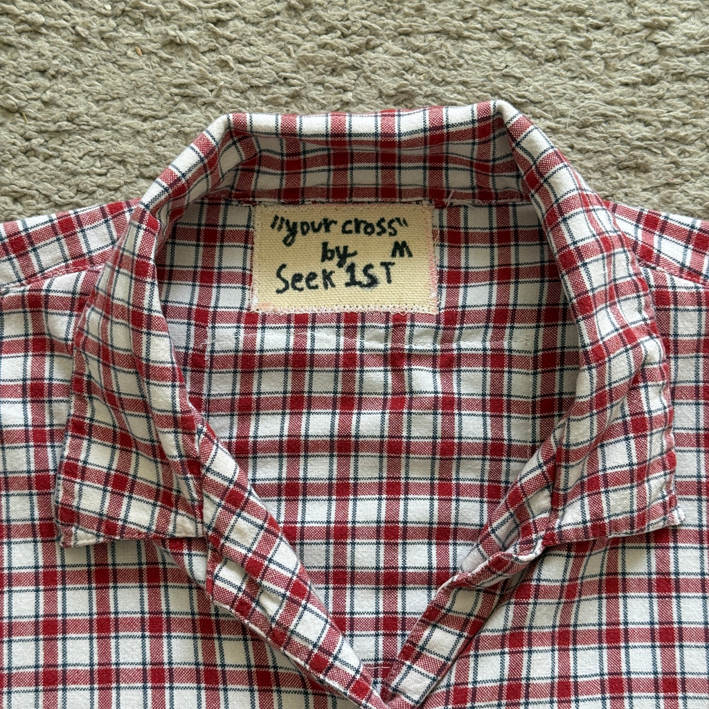 "Your Cross" Boxy Cropped Short Sleeve Lightweight Flannel Red Gingham - M