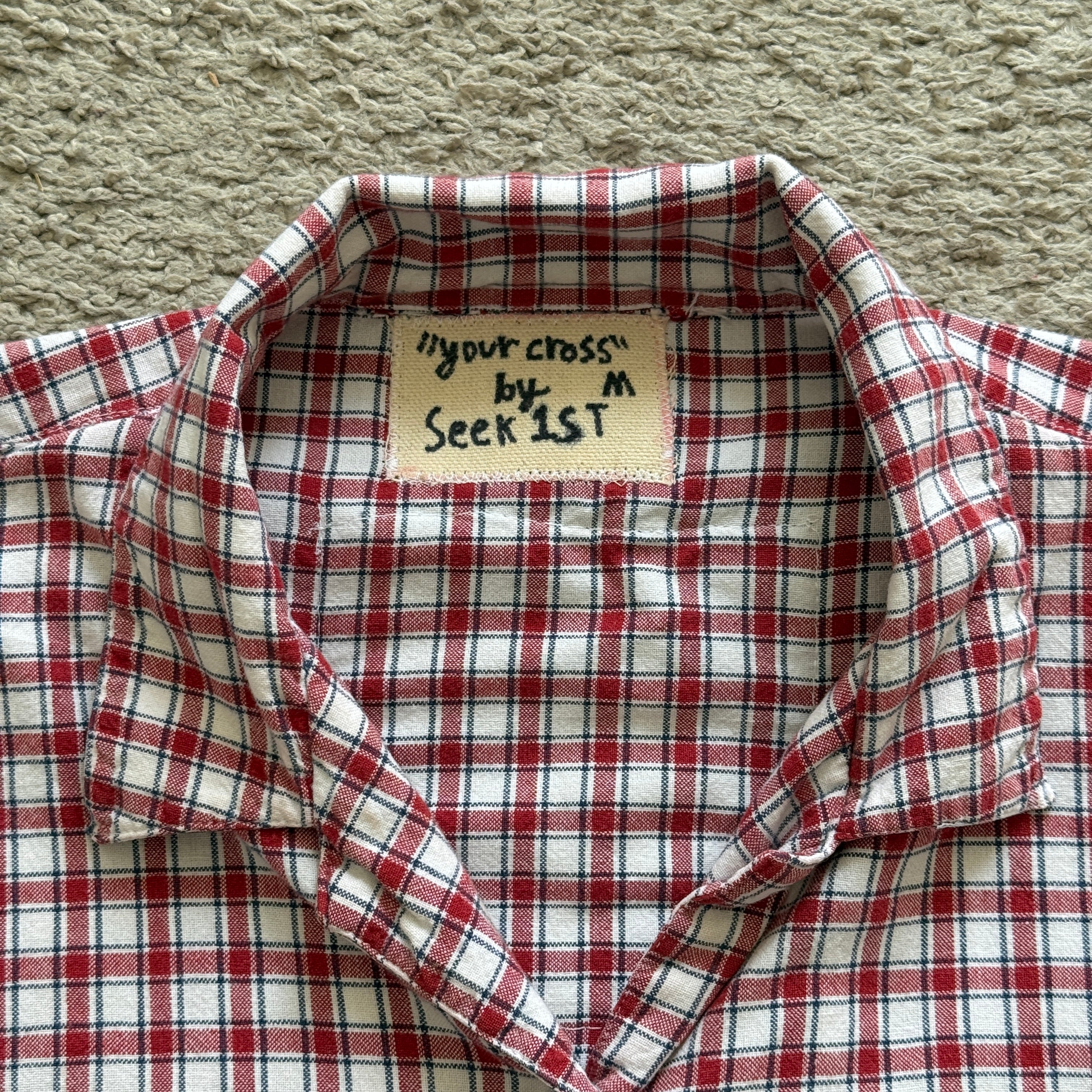 "Your Cross" Boxy Cropped Short Sleeve Lightweight Flannel Red Gingham - M