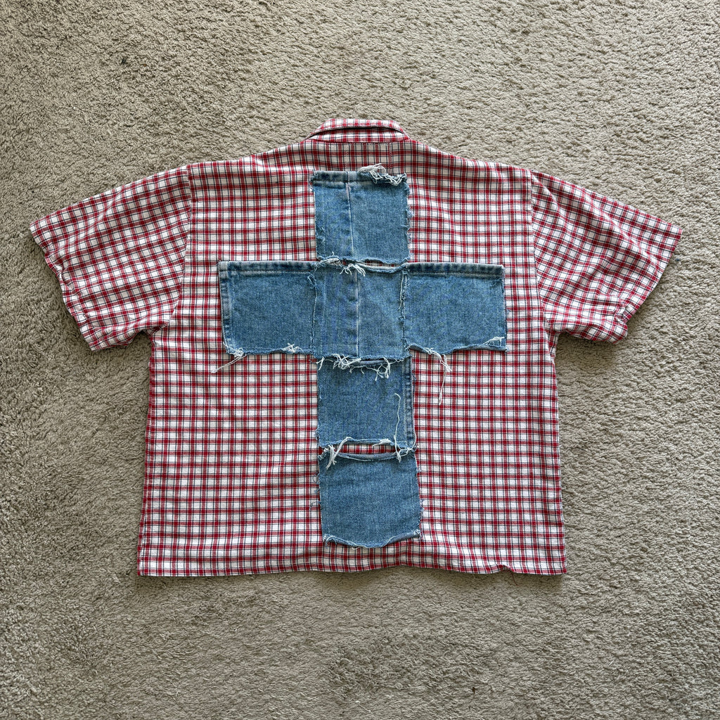 "Your Cross" Boxy Cropped Short Sleeve Lightweight Flannel Red Gingham - M