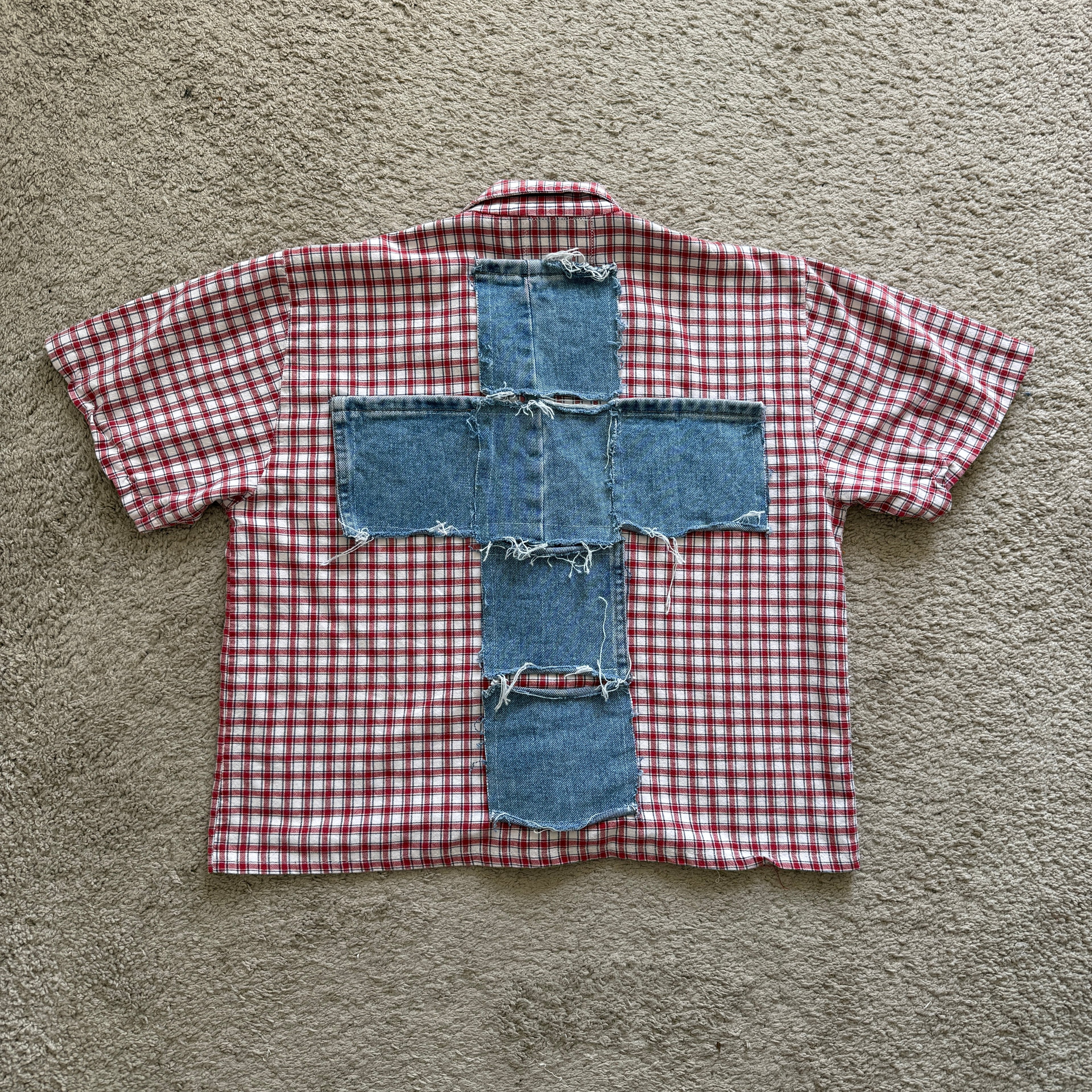 "Your Cross" Boxy Cropped Short Sleeve Lightweight Flannel Red Gingham - M