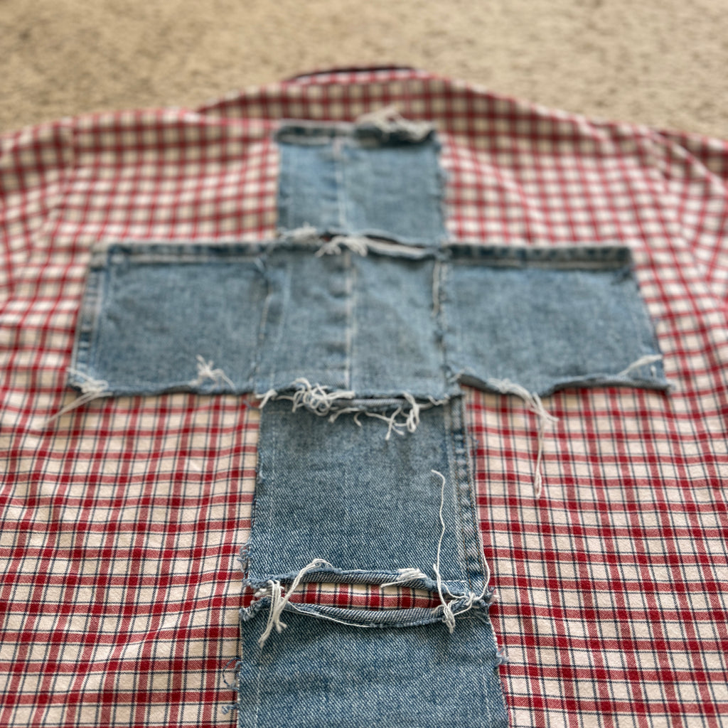 "Your Cross" Boxy Cropped Short Sleeve Lightweight Flannel Red Gingham - M