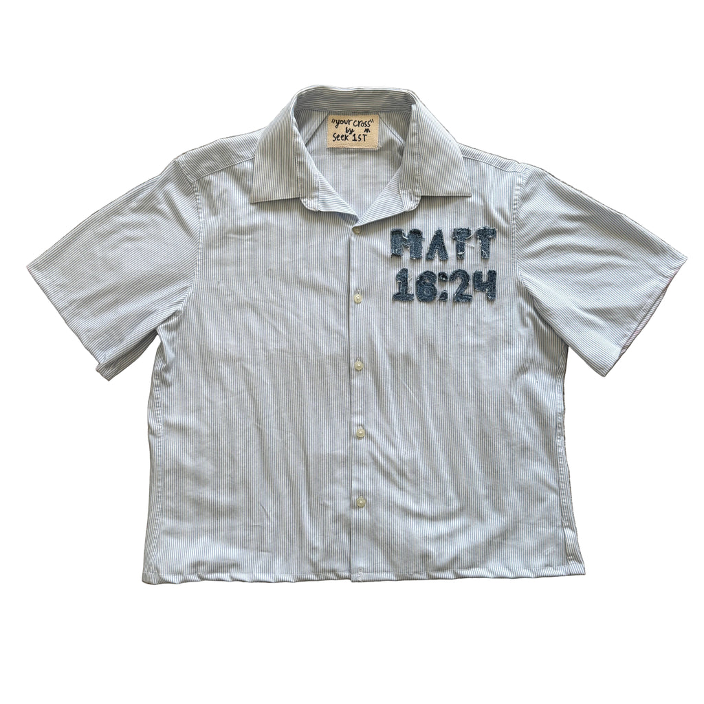 "Your Cross" Boxy Cropped Short Sleeve Lightweight Flannel Light Blue  - M