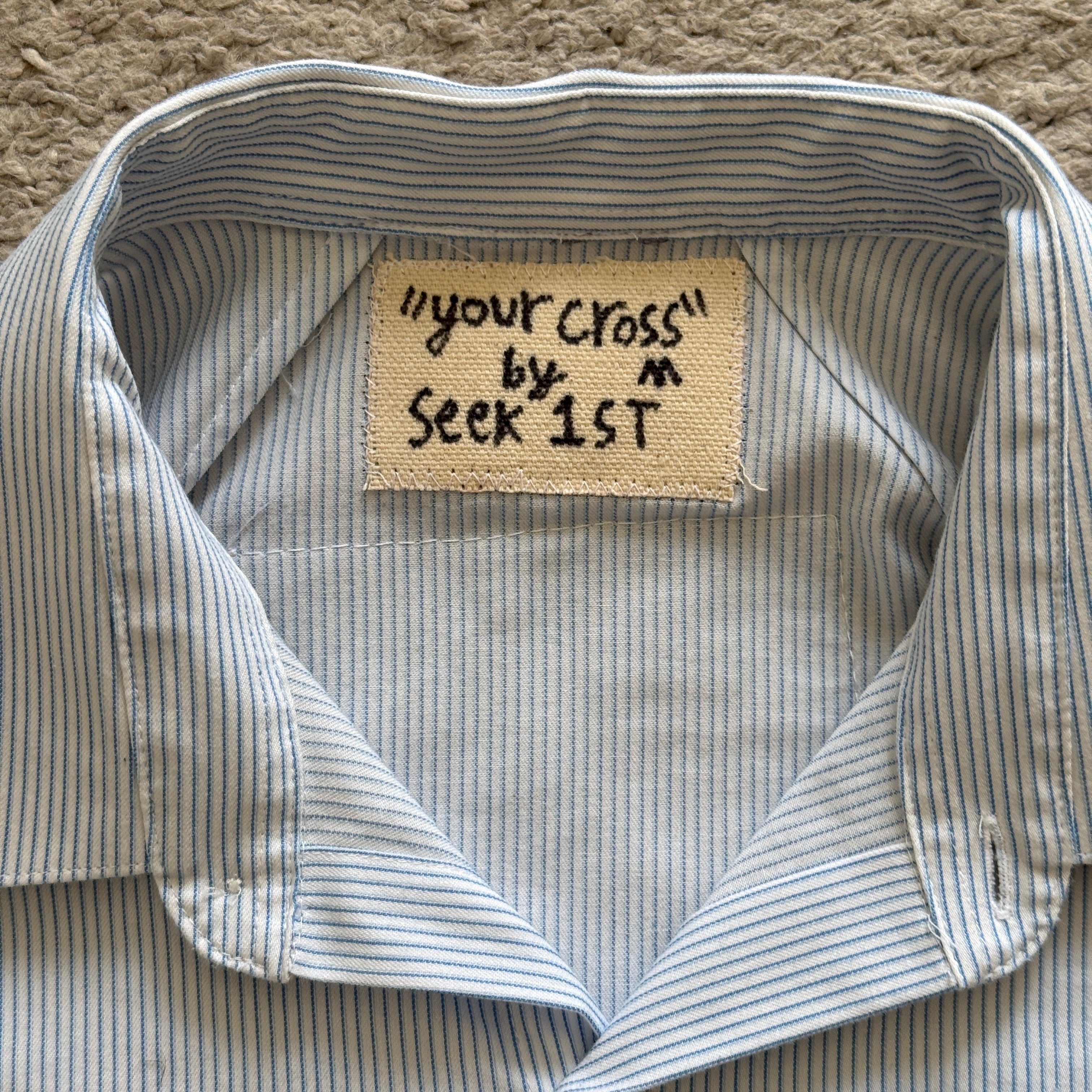 "Your Cross" Boxy Cropped Short Sleeve Lightweight Flannel Light Blue  - M
