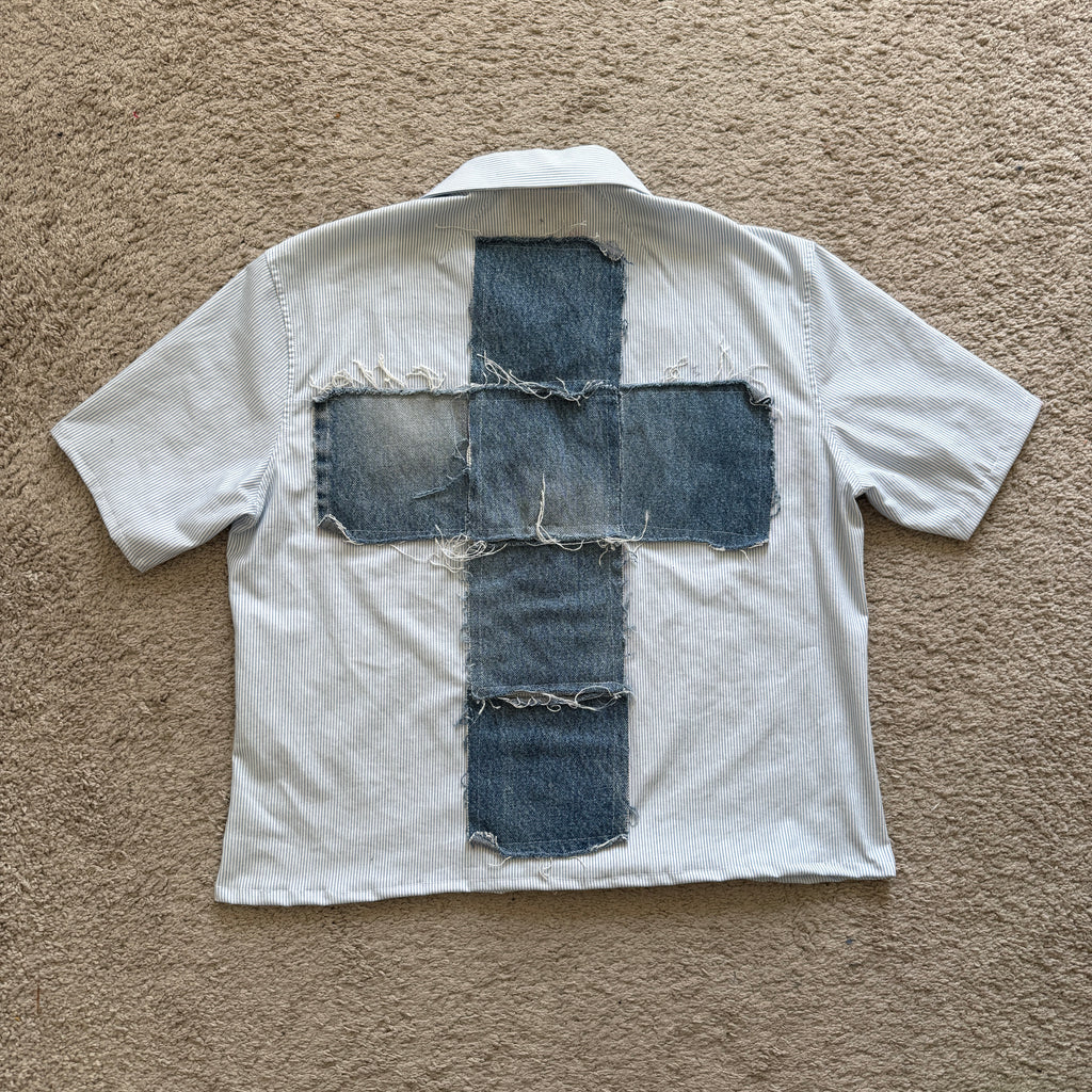"Your Cross" Boxy Cropped Short Sleeve Lightweight Flannel Light Blue  - M