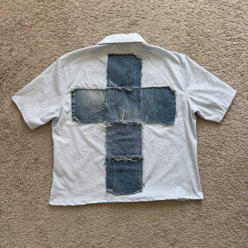 "Your Cross" Boxy Cropped Short Sleeve Lightweight Flannel Light Blue  - M
