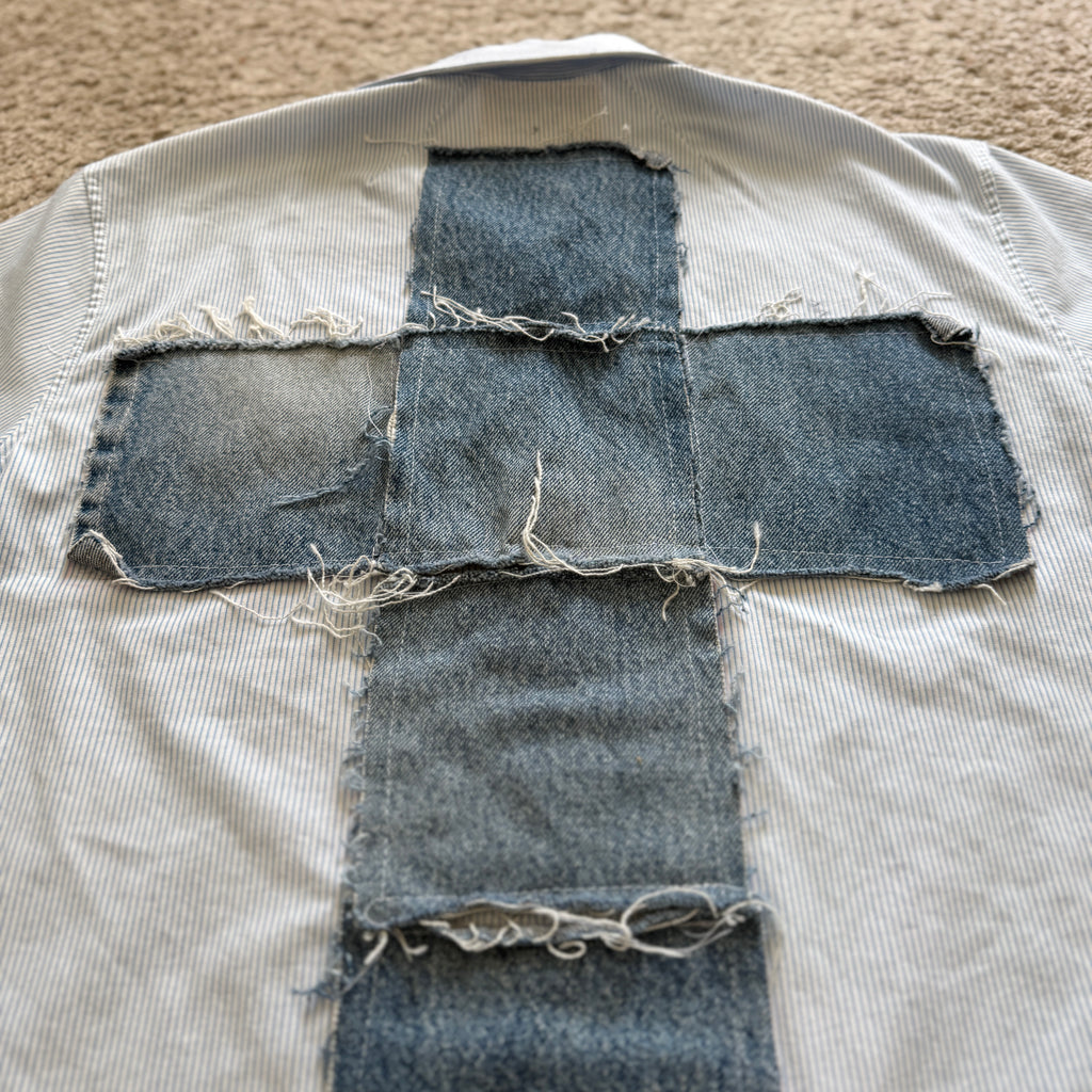 "Your Cross" Boxy Cropped Short Sleeve Lightweight Flannel Light Blue  - M