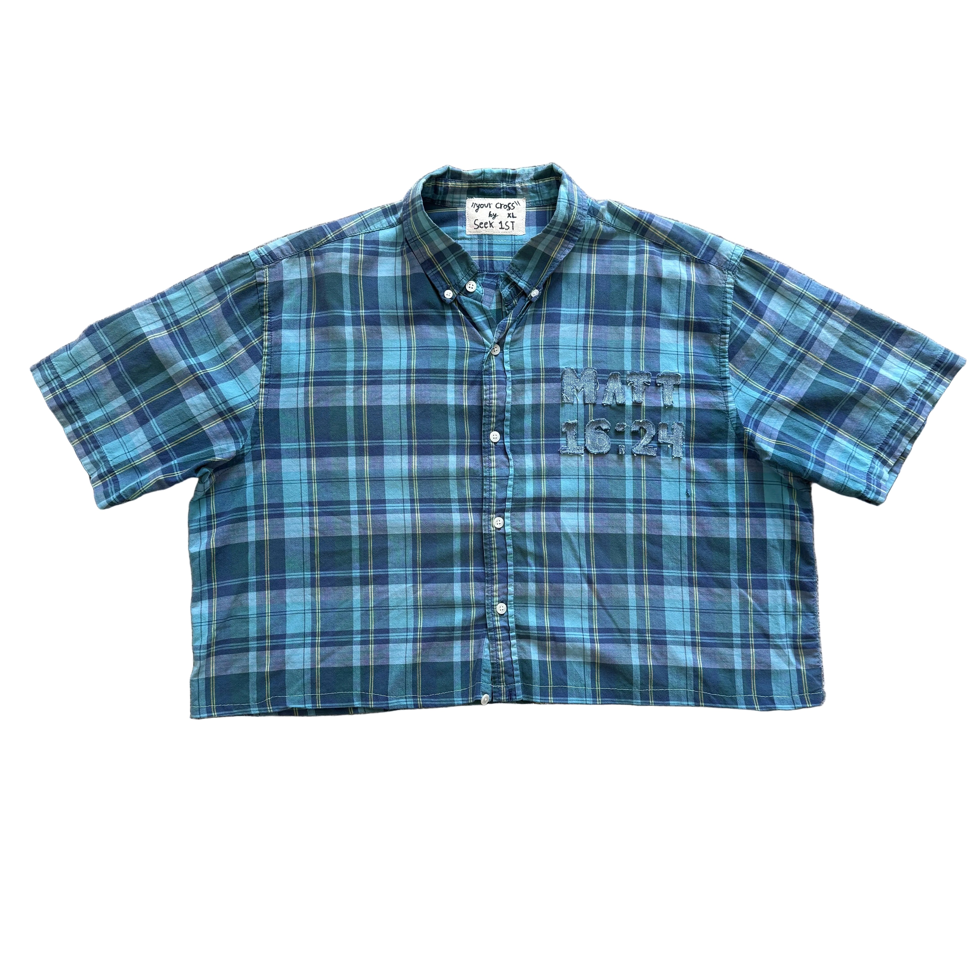 "Your Cross" Short Cropped Short Sleeve Lightweight Flannel Plaid Blue Green - XXL