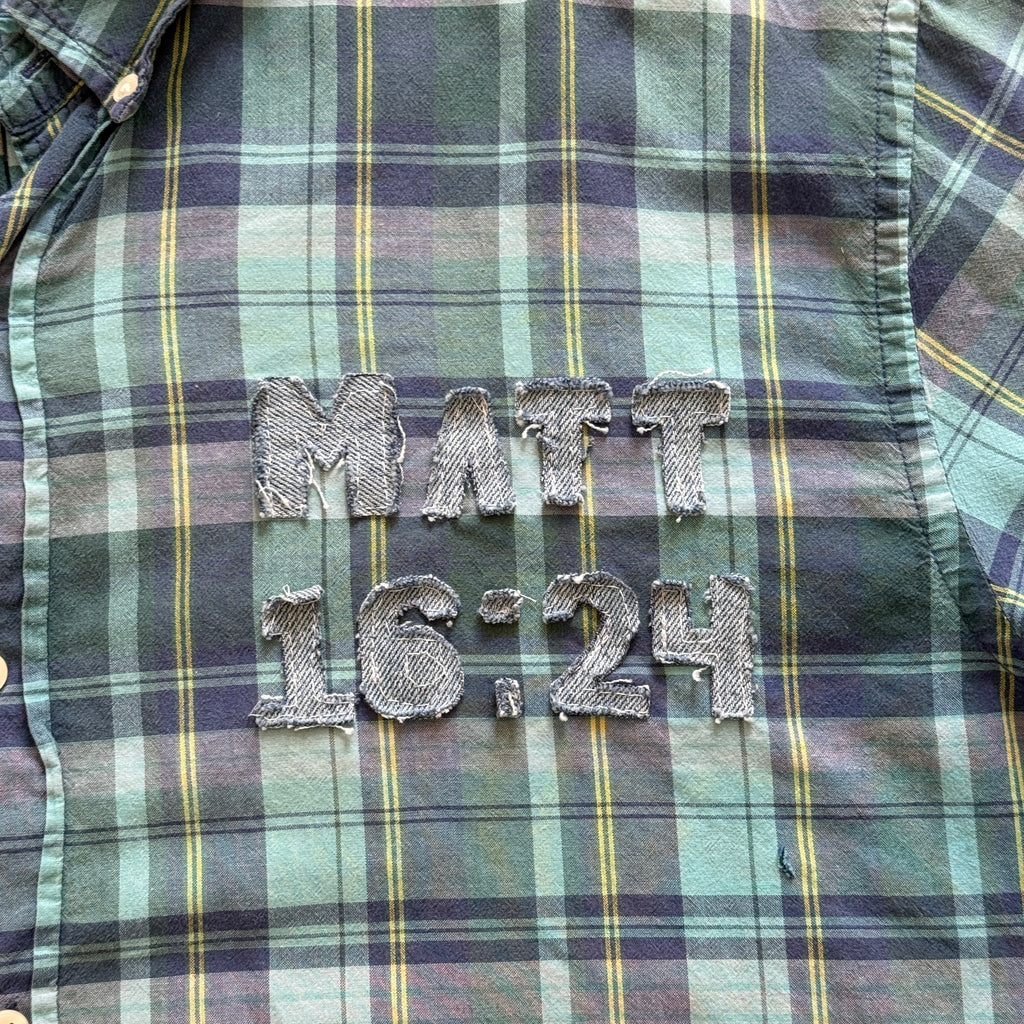 "Your Cross" Short Cropped Short Sleeve Lightweight Flannel Plaid Blue Green - XXL