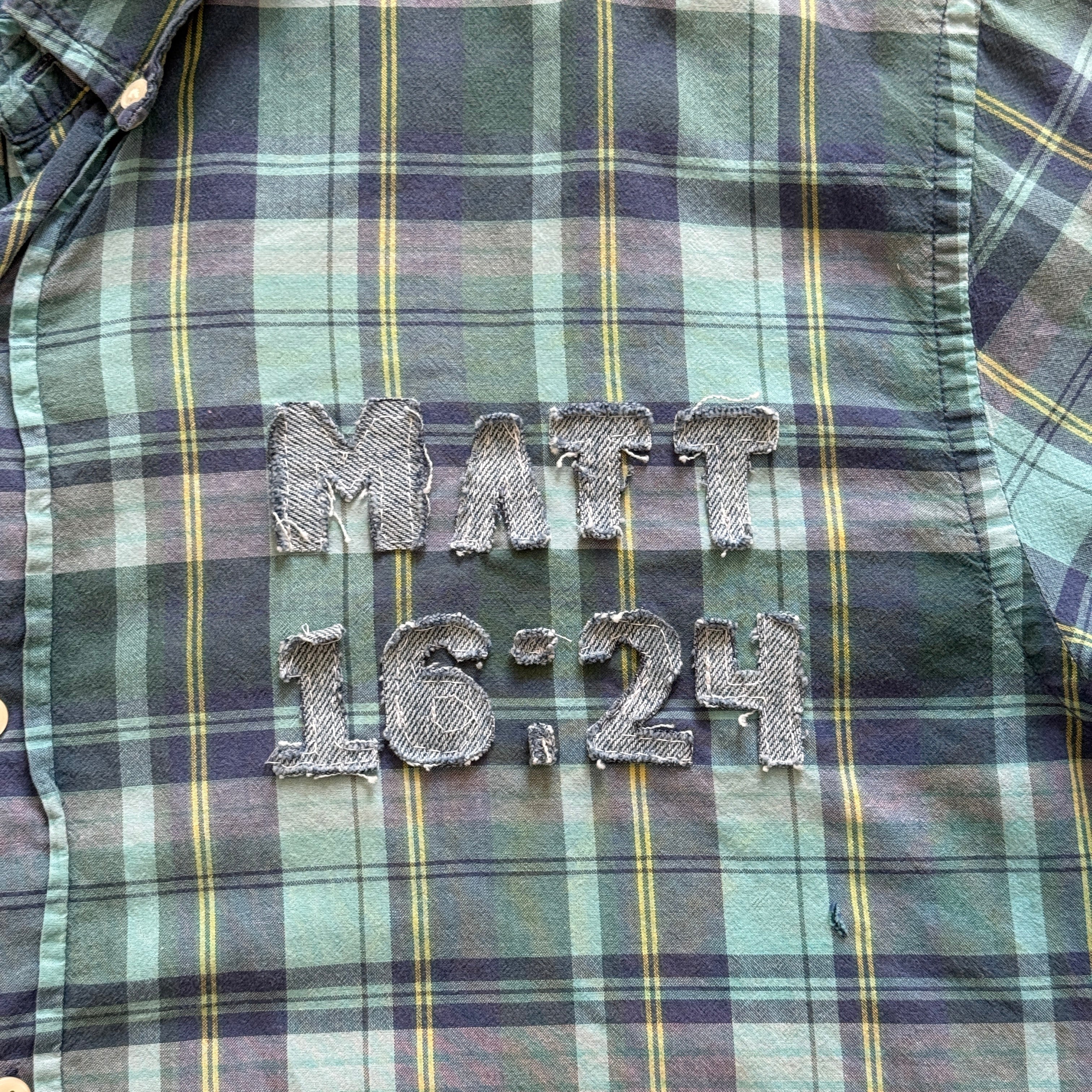 "Your Cross" Short Cropped Short Sleeve Lightweight Flannel Plaid Blue Green - XXL