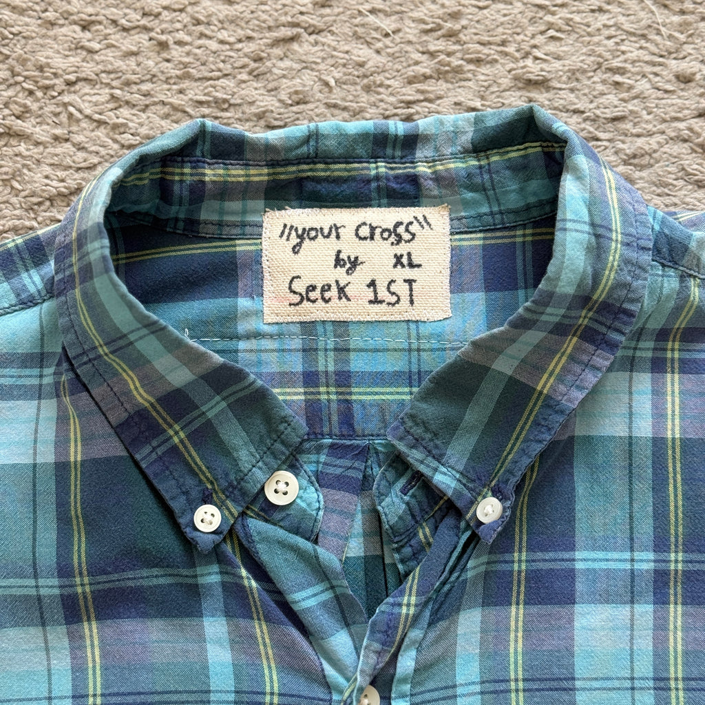 "Your Cross" Short Cropped Short Sleeve Lightweight Flannel Plaid Blue Green - XXL