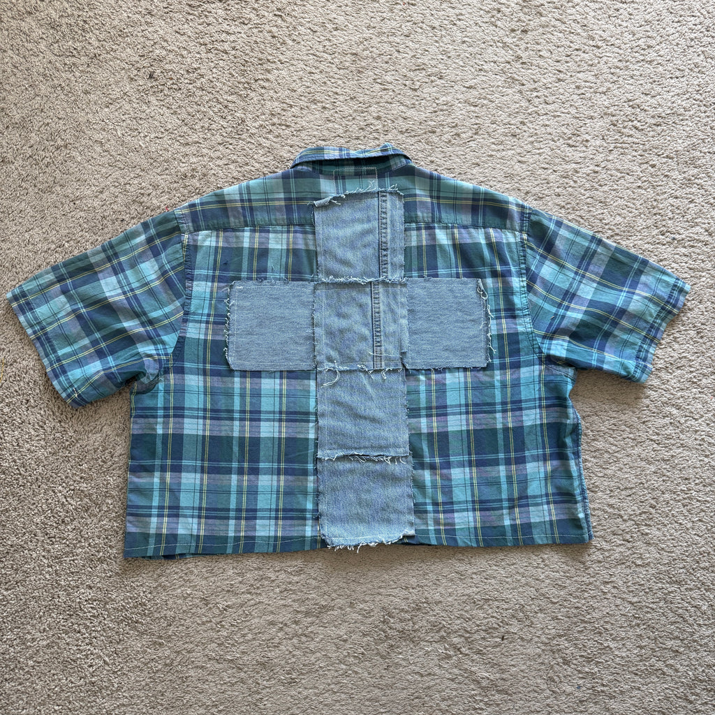 "Your Cross" Short Cropped Short Sleeve Lightweight Flannel Plaid Blue Green - XXL