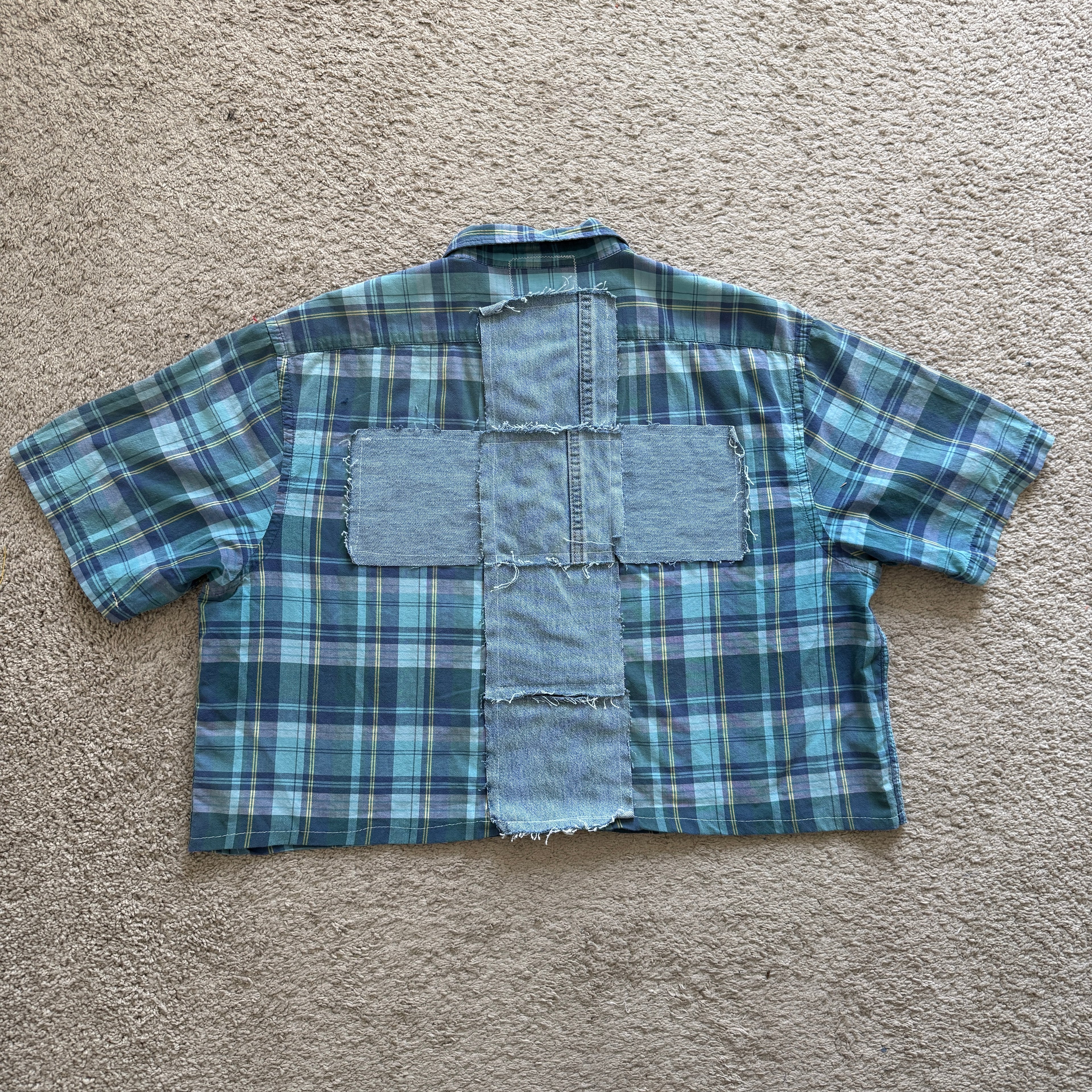 "Your Cross" Short Cropped Short Sleeve Lightweight Flannel Plaid Blue Green - XXL