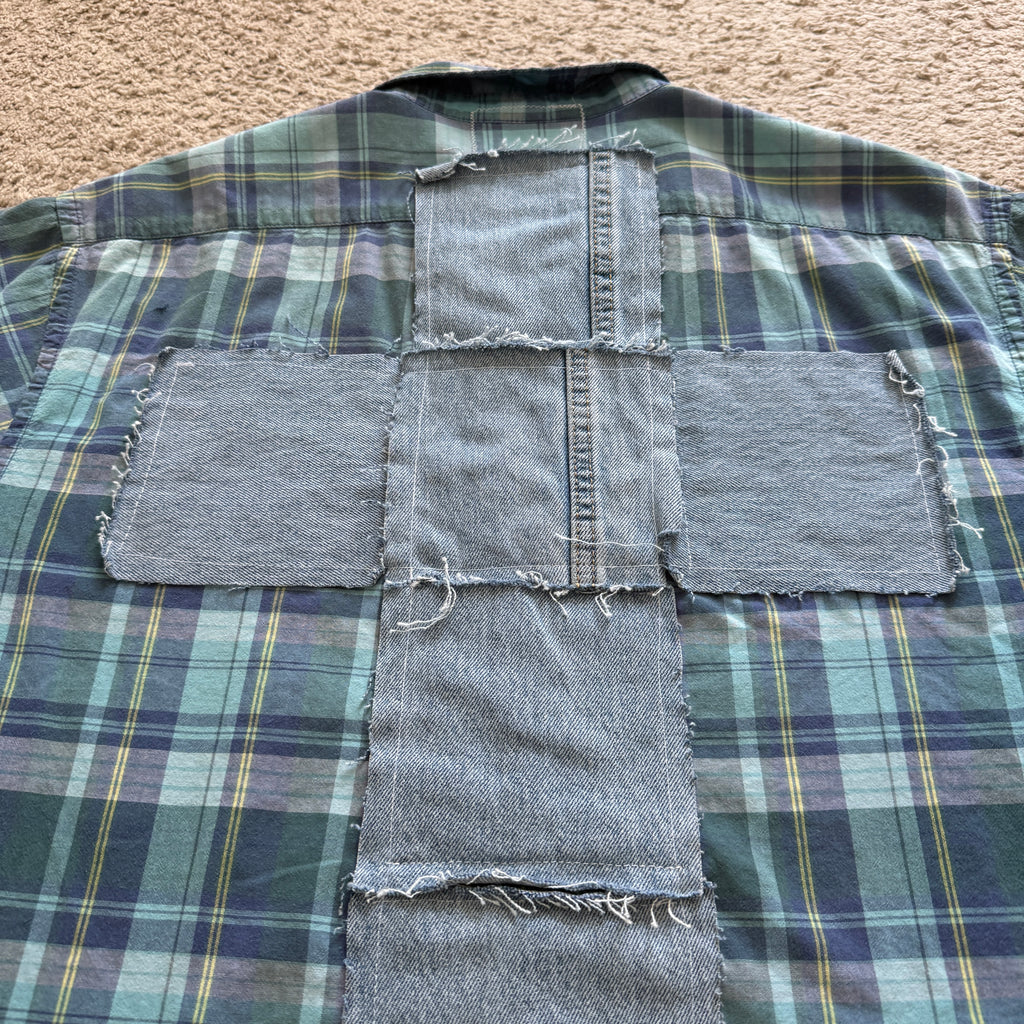 "Your Cross" Short Cropped Short Sleeve Lightweight Flannel Plaid Blue Green - XXL