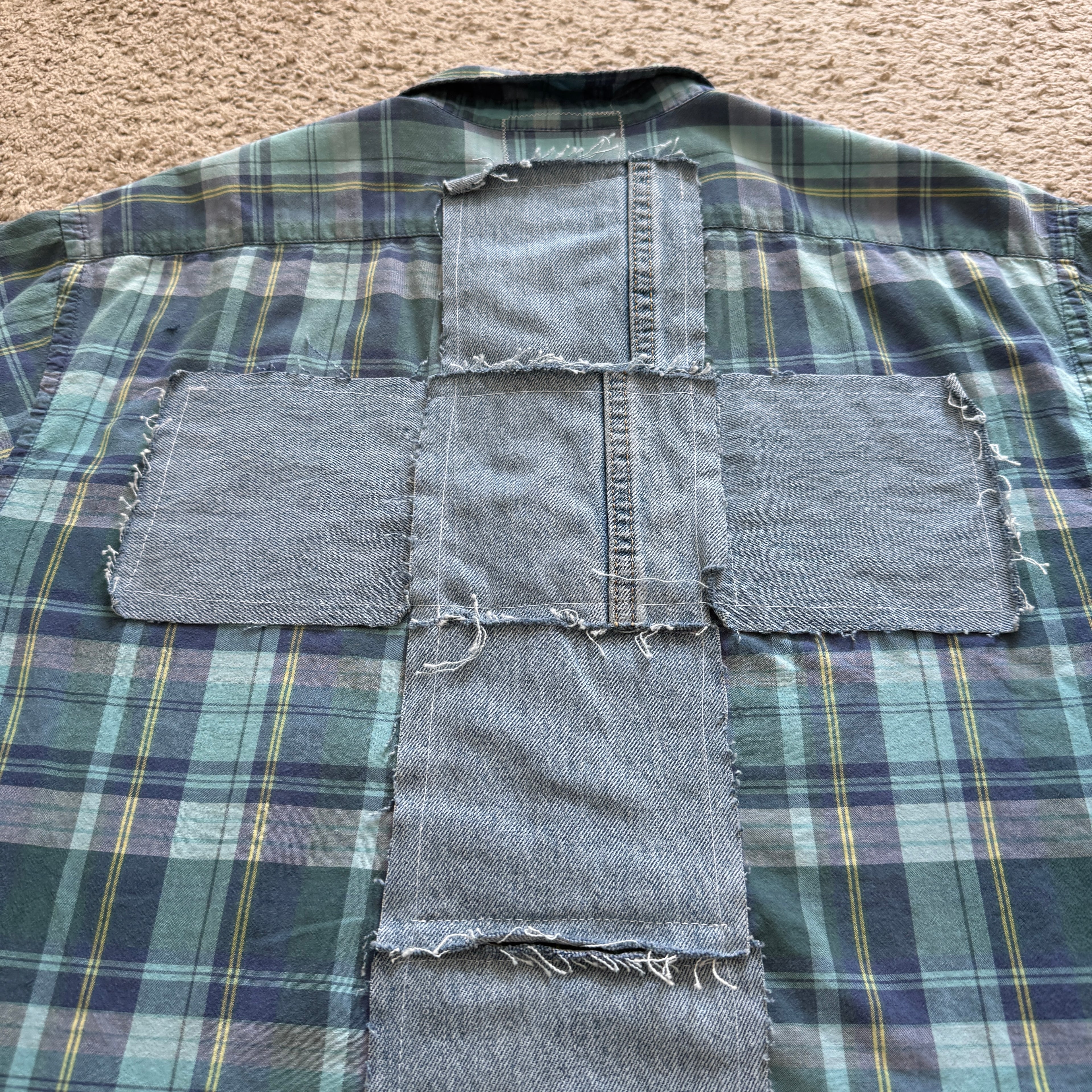 "Your Cross" Short Cropped Short Sleeve Lightweight Flannel Plaid Blue Green - XXL