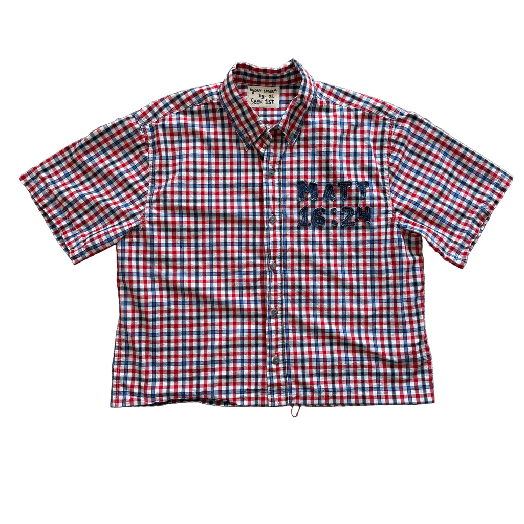 "Your Cross" Boxy Cropped Short Sleeve Lightweight Flannel Red Blue Gingham - XL