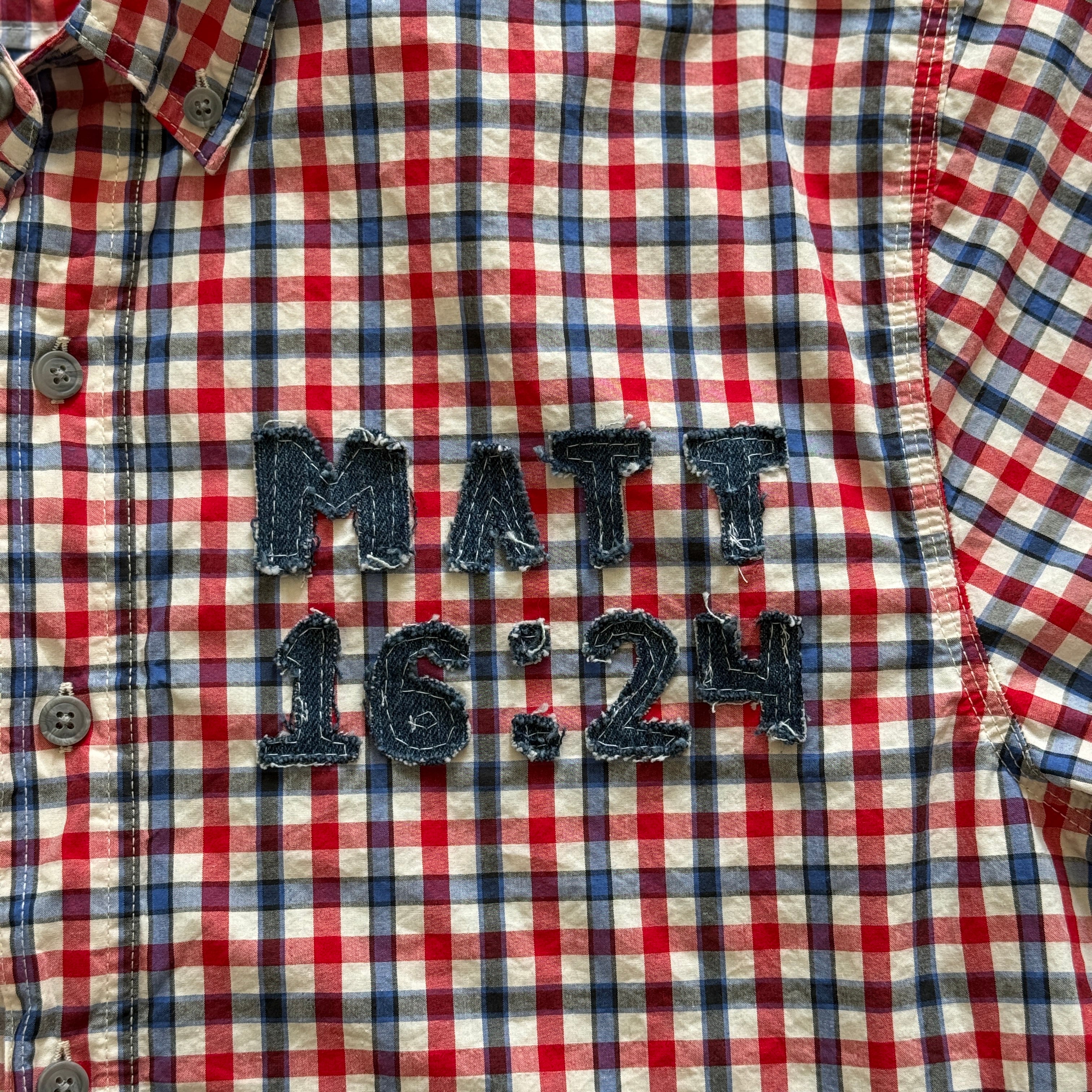 "Your Cross" Boxy Cropped Short Sleeve Lightweight Flannel Red Blue Gingham - XL