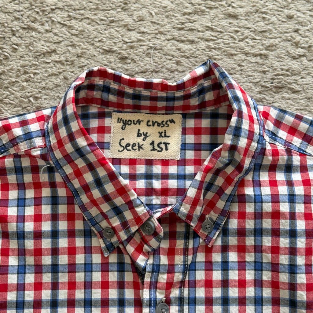 "Your Cross" Boxy Cropped Short Sleeve Lightweight Flannel Red Blue Gingham - XL