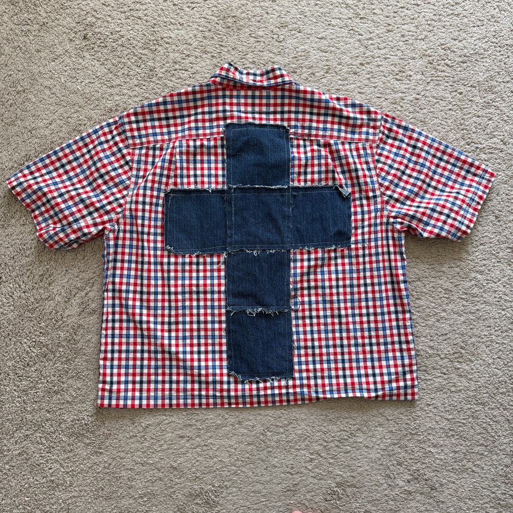 "Your Cross" Boxy Cropped Short Sleeve Lightweight Flannel Red Blue Gingham - XL