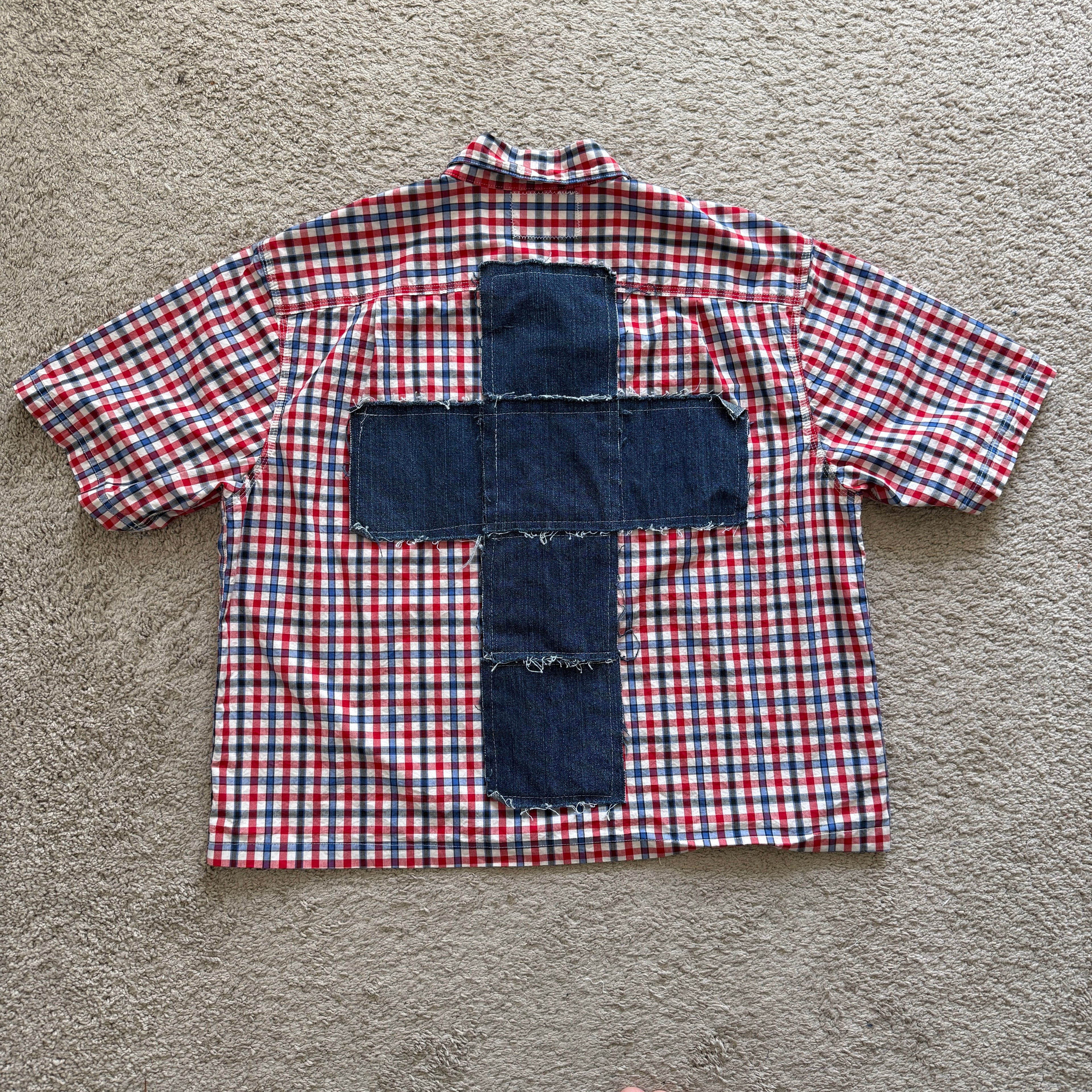 "Your Cross" Boxy Cropped Short Sleeve Lightweight Flannel Red Blue Gingham - XL