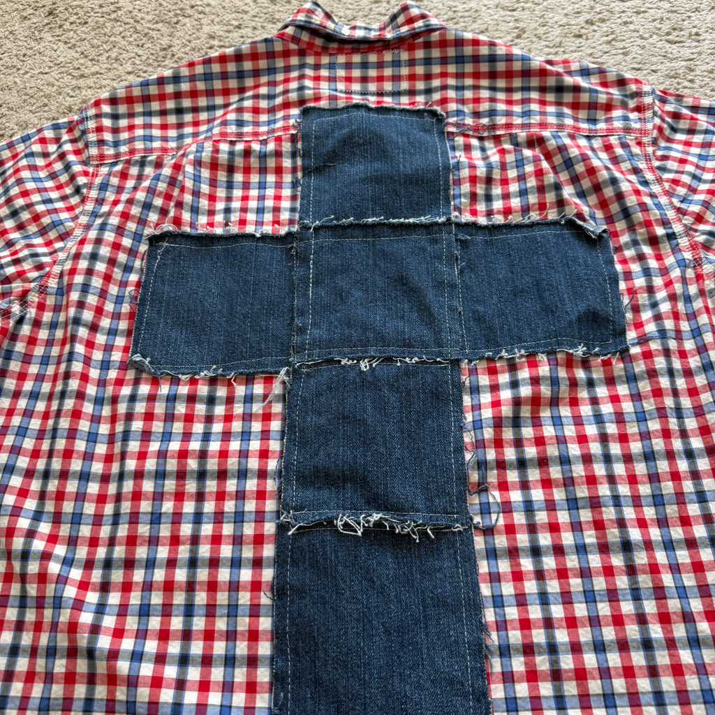"Your Cross" Boxy Cropped Short Sleeve Lightweight Flannel Red Blue Gingham - XL