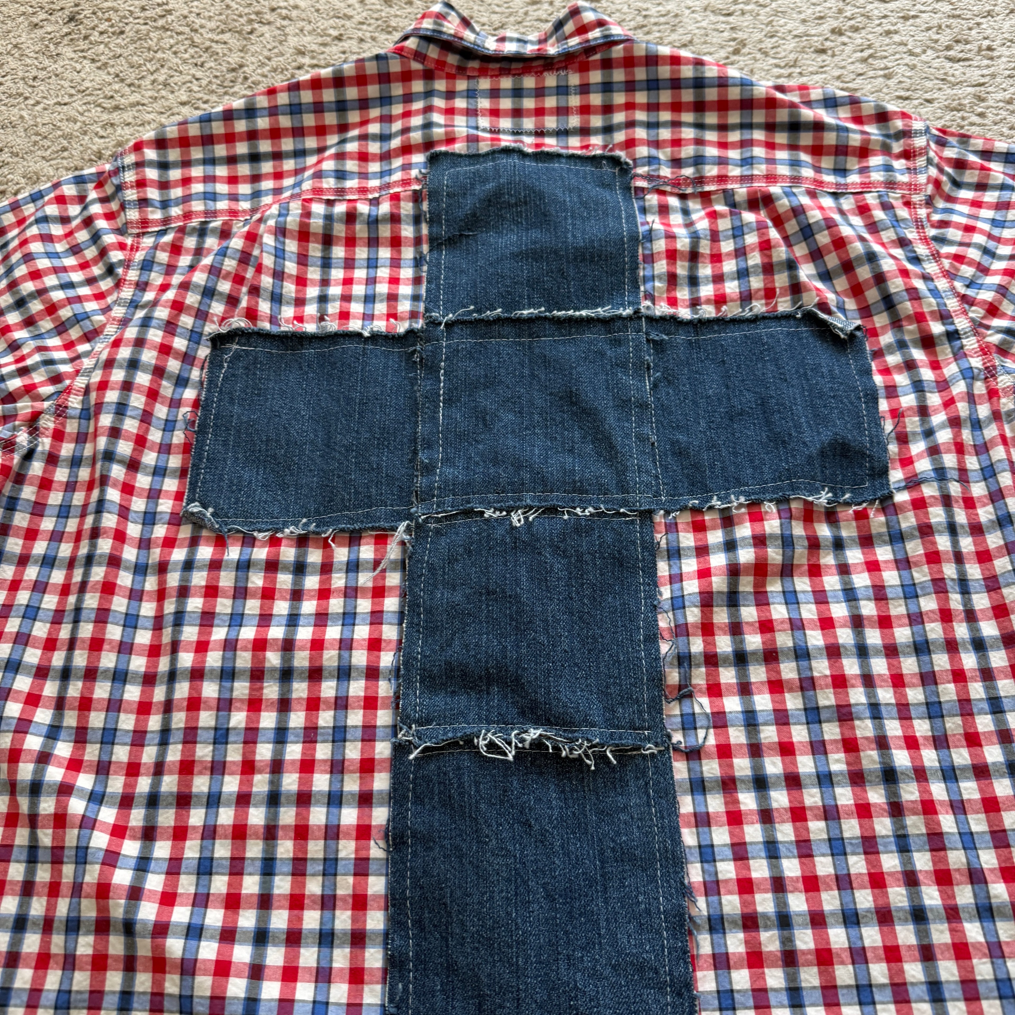 "Your Cross" Boxy Cropped Short Sleeve Lightweight Flannel Red Blue Gingham - XL