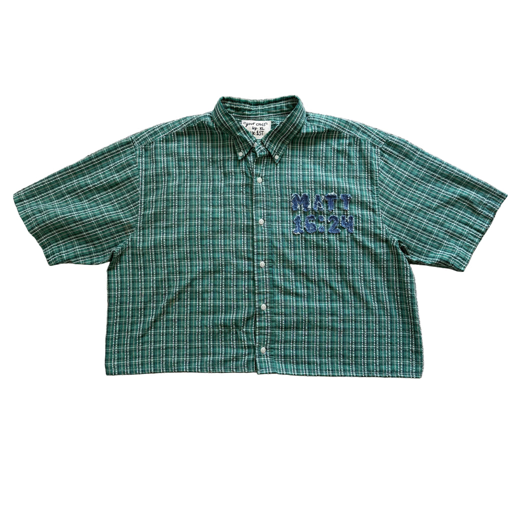 "Your Cross" Short Cropped Short Sleeve Lightweight Flannel Grid Green - XXL